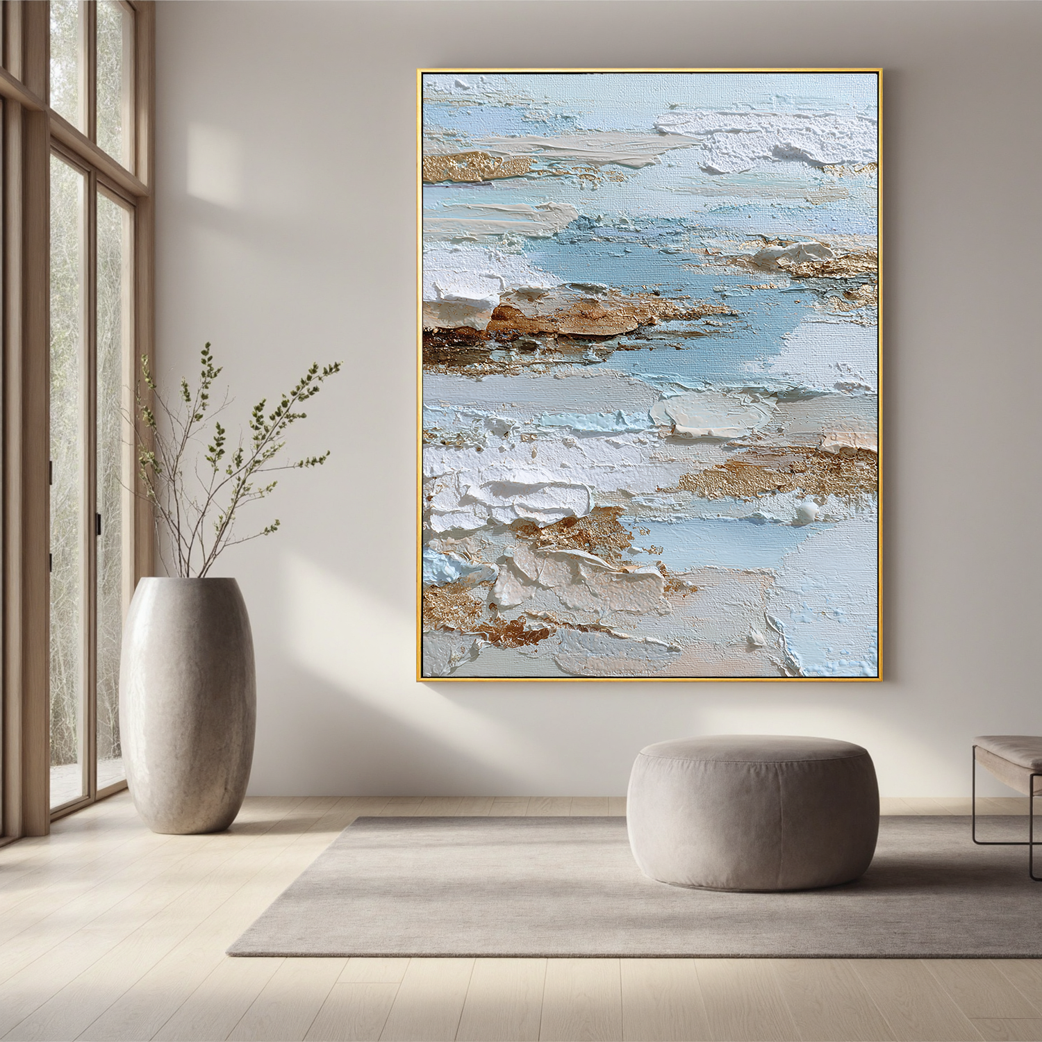 Vertical Abstract Coastal Canvas Wall Art – Light Blue & Neutral Texture Seascape Painting for Modern Home Decor#OA 0844