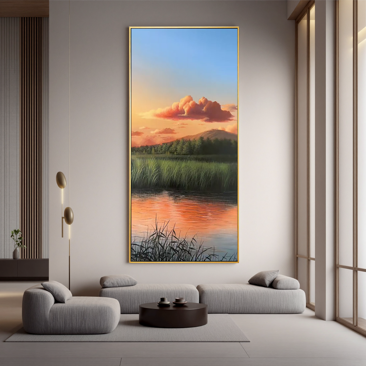 Sunset Marsh Landscape Wall Art, Serene Lake Reflection Canvas Painting, Nature Scenic Wall Decor for Living Room #OA 0782