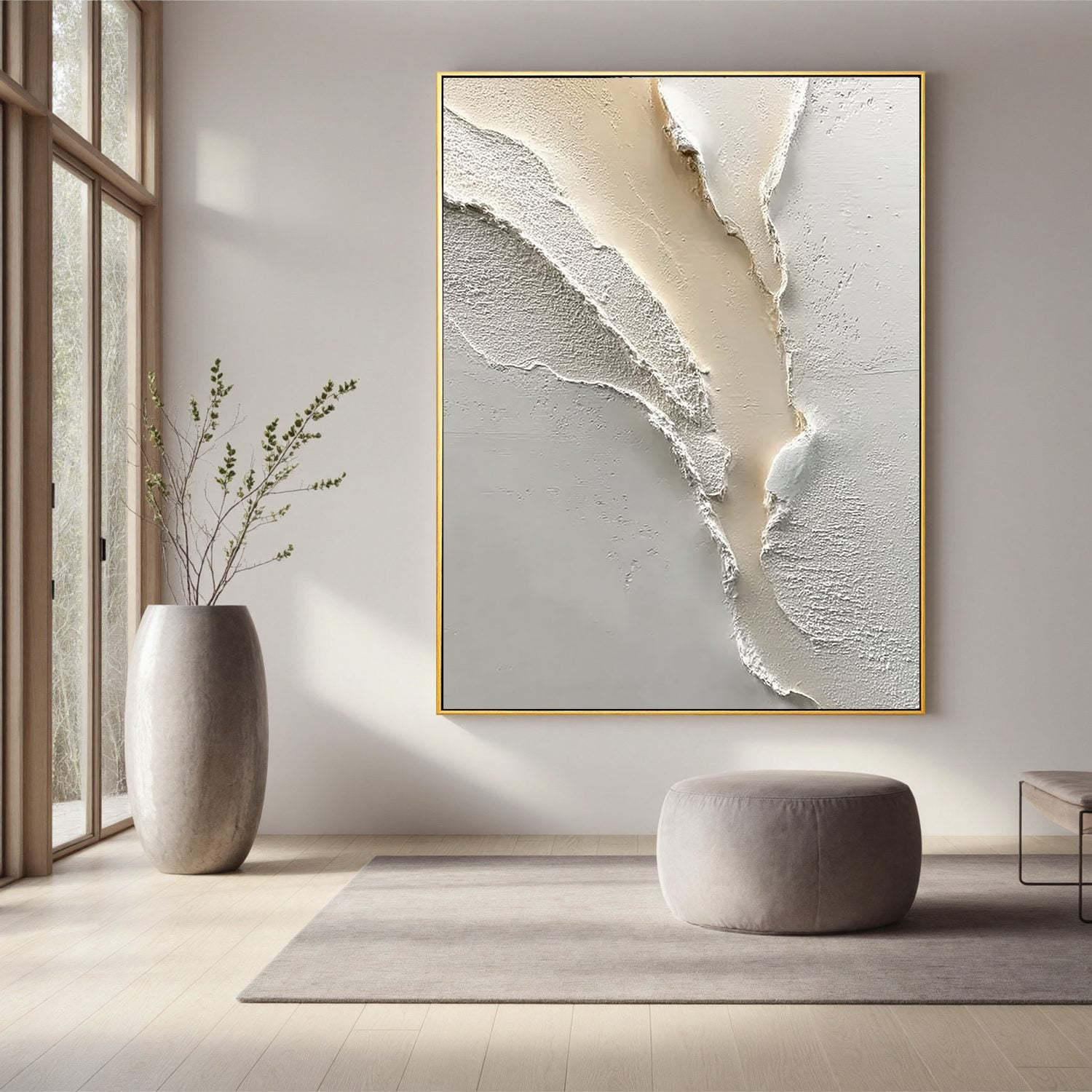 Neutral Textured Abstract Wall Art, White Beige 3D Canvas Painting for Modern Living Room Décor #OA 0009