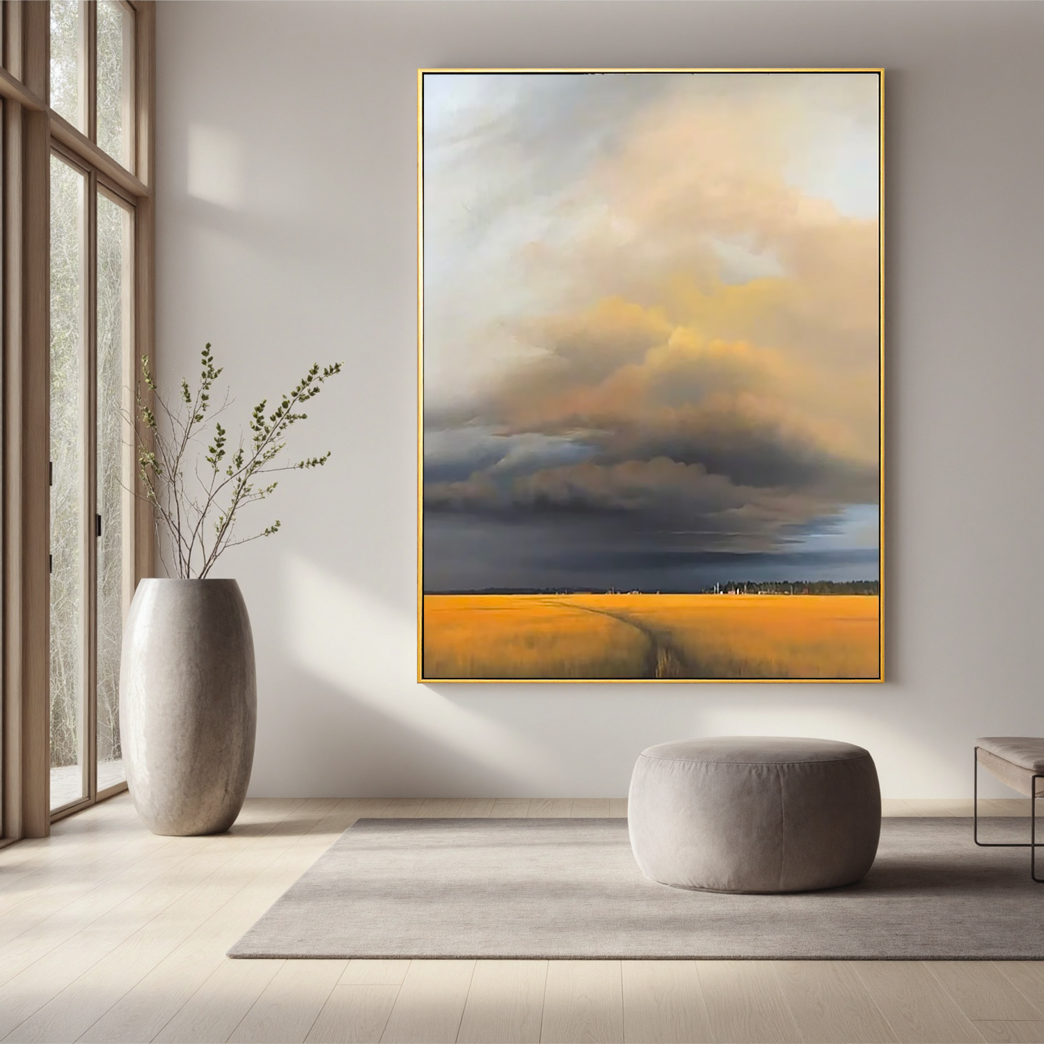Dramatic Sky Over Golden Wheat Field Wall Art, Rustic Countryside Landscape Canvas Painting for Living Room Decor #OA 0728