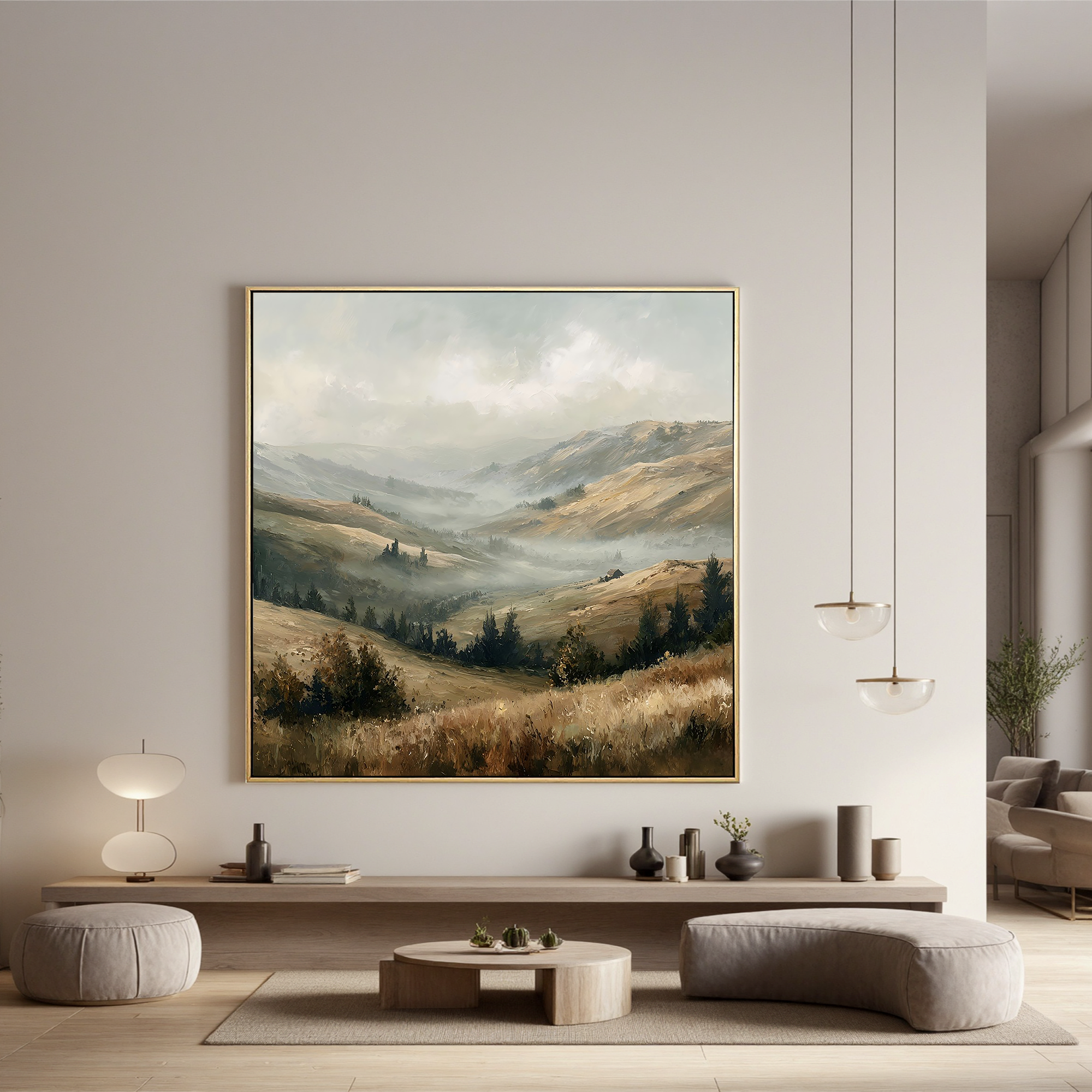 Misty Mountain Valley Landscape Painting – Neutral Rustic Wall Art#OA 0898
