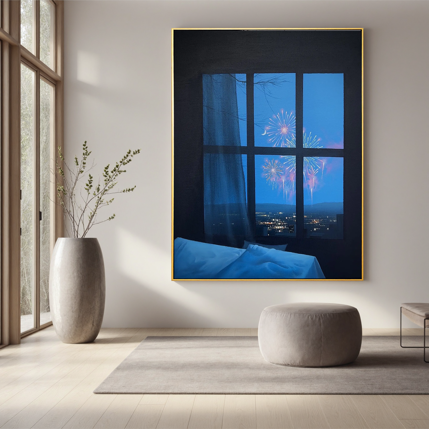 Fireworks City View Wall Art, Romantic Night Window Scene Canvas Painting for Bedroom or Living Room Decor #OA 0745