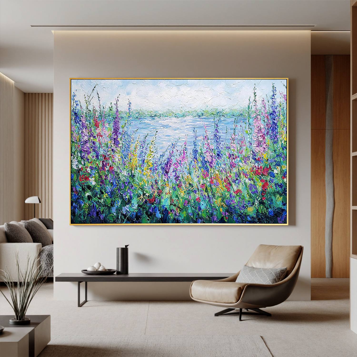 Colorful Wildflower Lake Wall Art, Textured Garden Landscape Canvas Painting for Living Room Décor #OA 0407