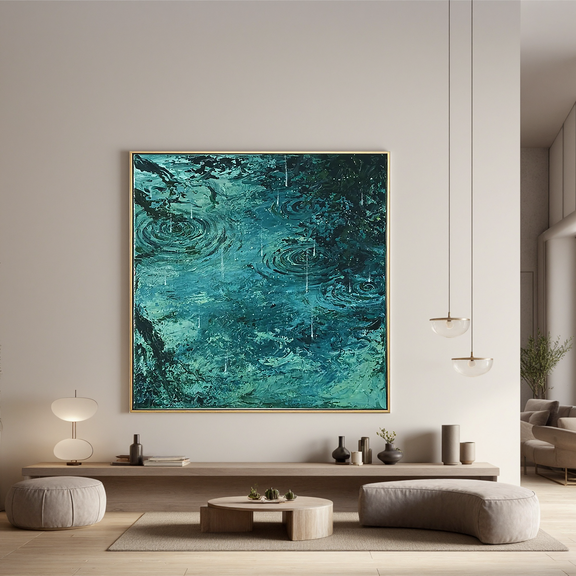 Teal Rain Ripple Oil Painting, Abstract Water Wall Art for Living Room Decor#OA 0604
