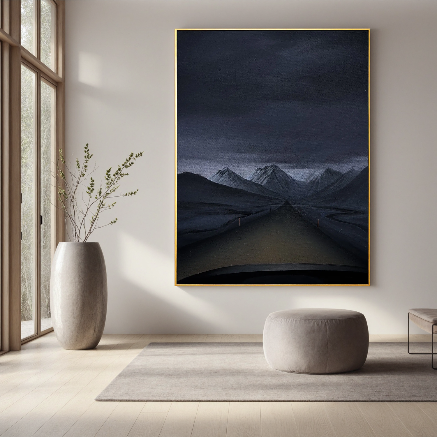 Moody Mountain Road Wall Art, Dark Snowy Peaks Landscape Canvas Painting for Modern Living Room Decor #OA 0744