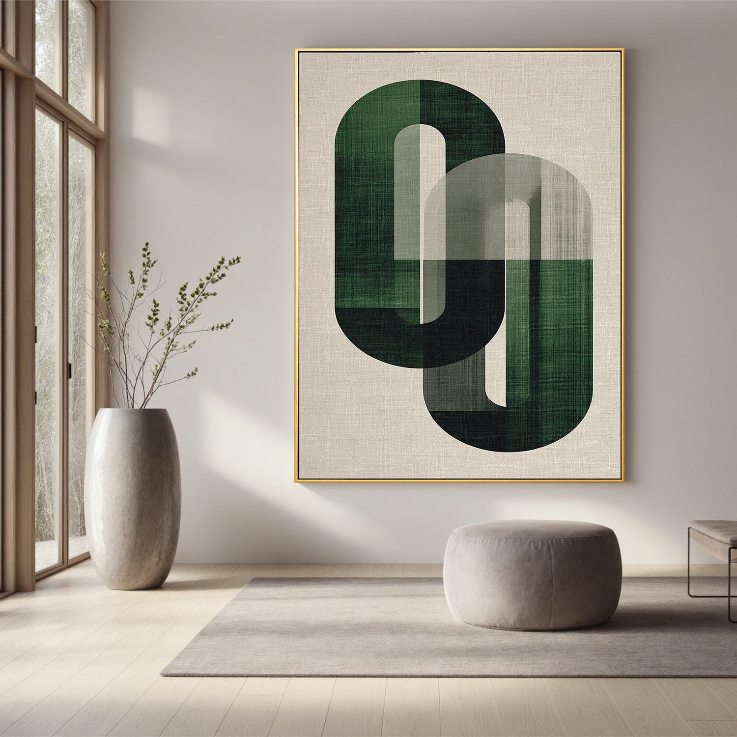 Modern Green Geometric Abstract Wall Art, Emerald Arch Shape Canvas Painting for Living Room Décor #OA 0007