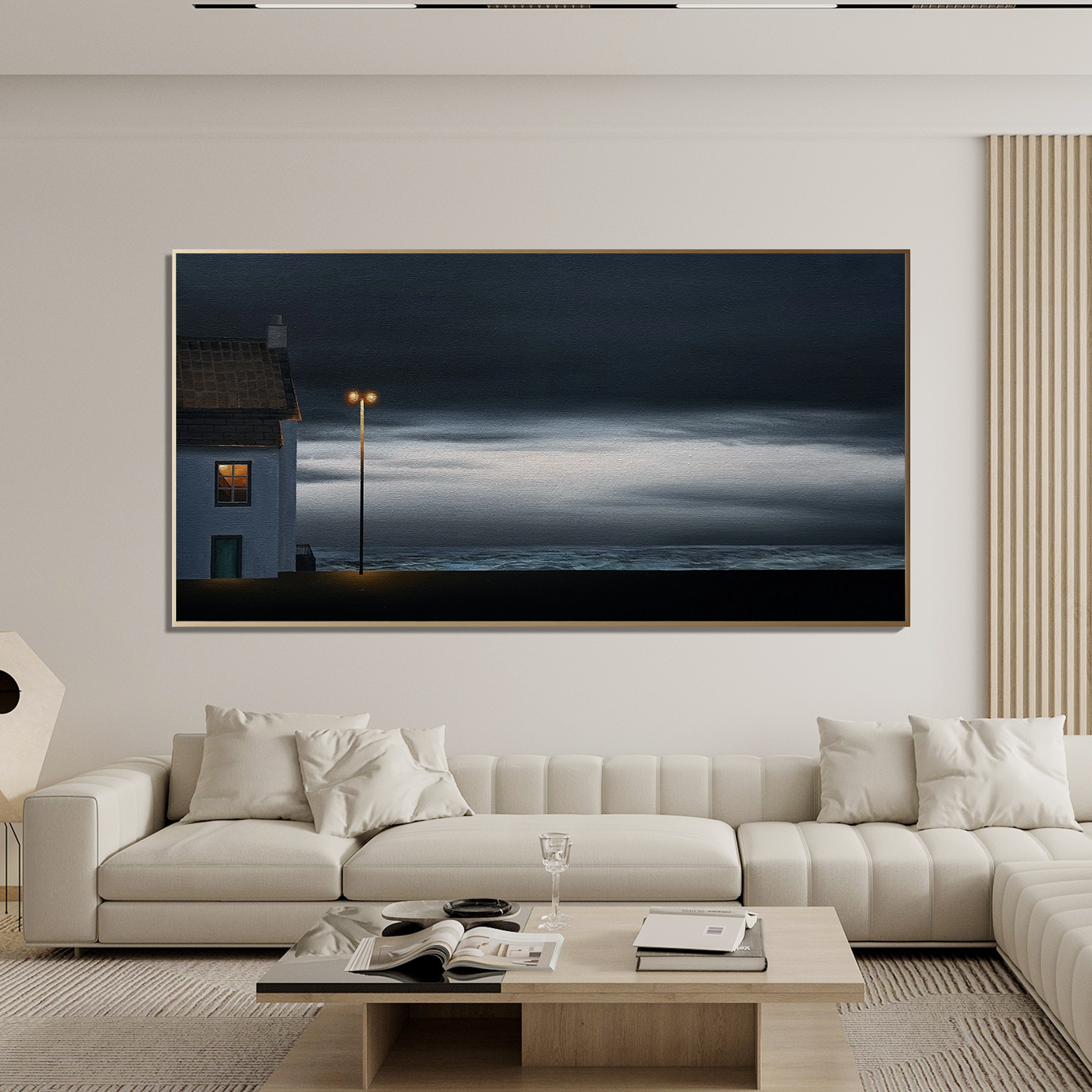 Moody Coastal Night Wall Art with Lonely House and Streetlight, Panoramic Seascape Canvas for Living Room Decor #OA 0735