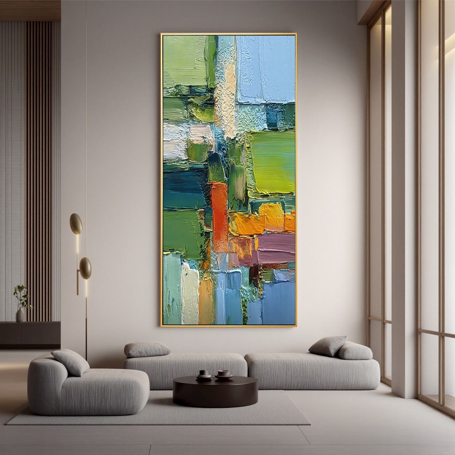 Green Geometric Abstract Wall Art, Colorful Textured Block Canvas Painting for Modern Living Room Décor
