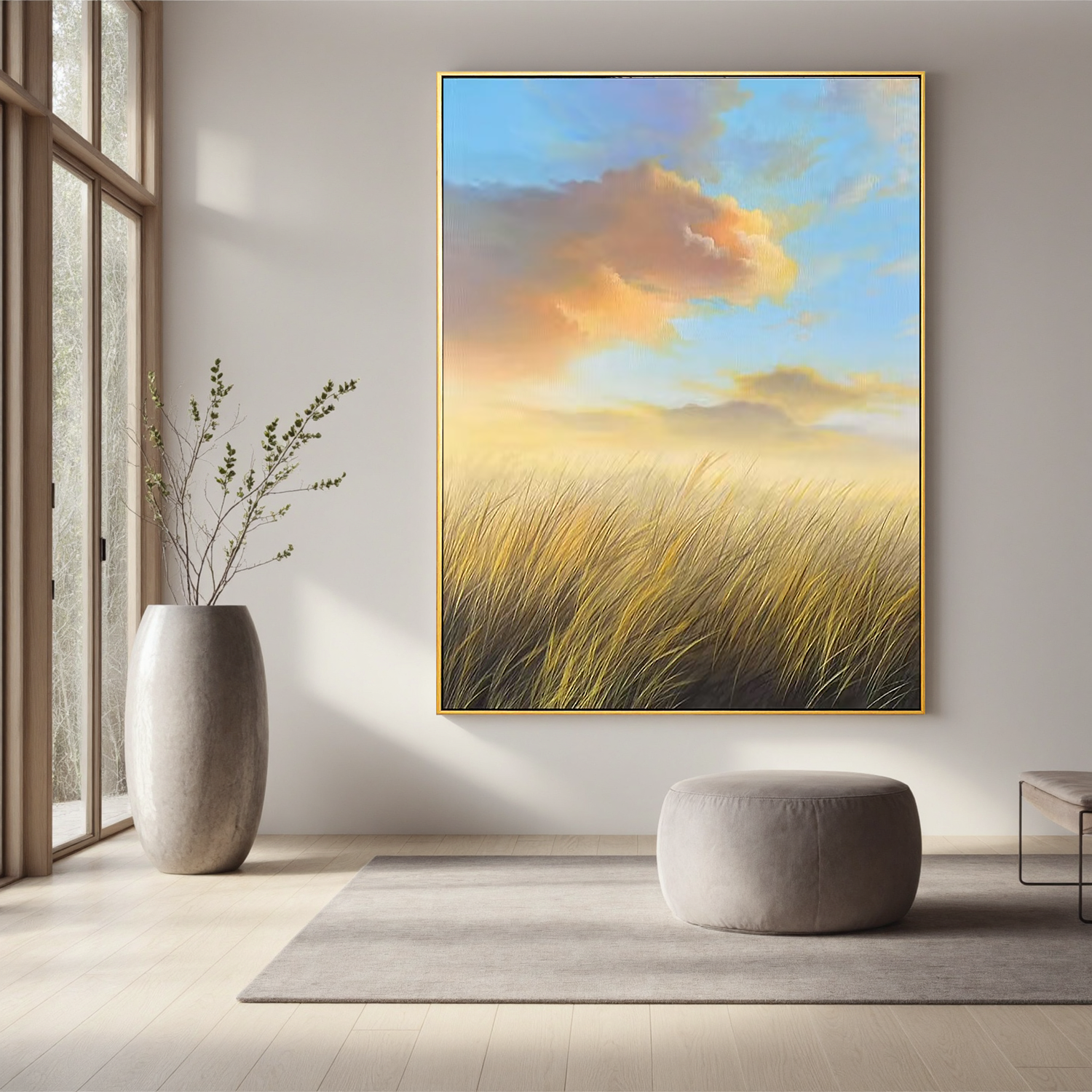 Golden Meadow Landscape Wall Art – Serene Sunrise Field Canvas Painting for Living Room Decor #OA 0800
