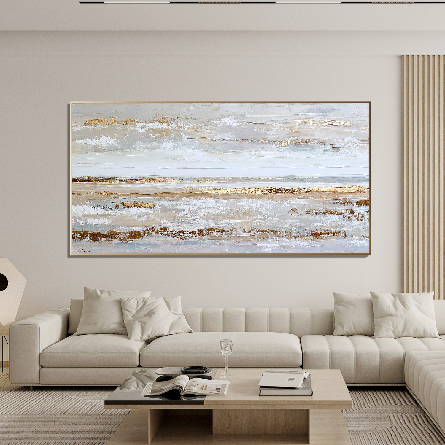Large Coastal Abstract Canvas Wall Art – Textured Neutral Beige Ocean Landscape Painting for Living Room Decor#OA 0859