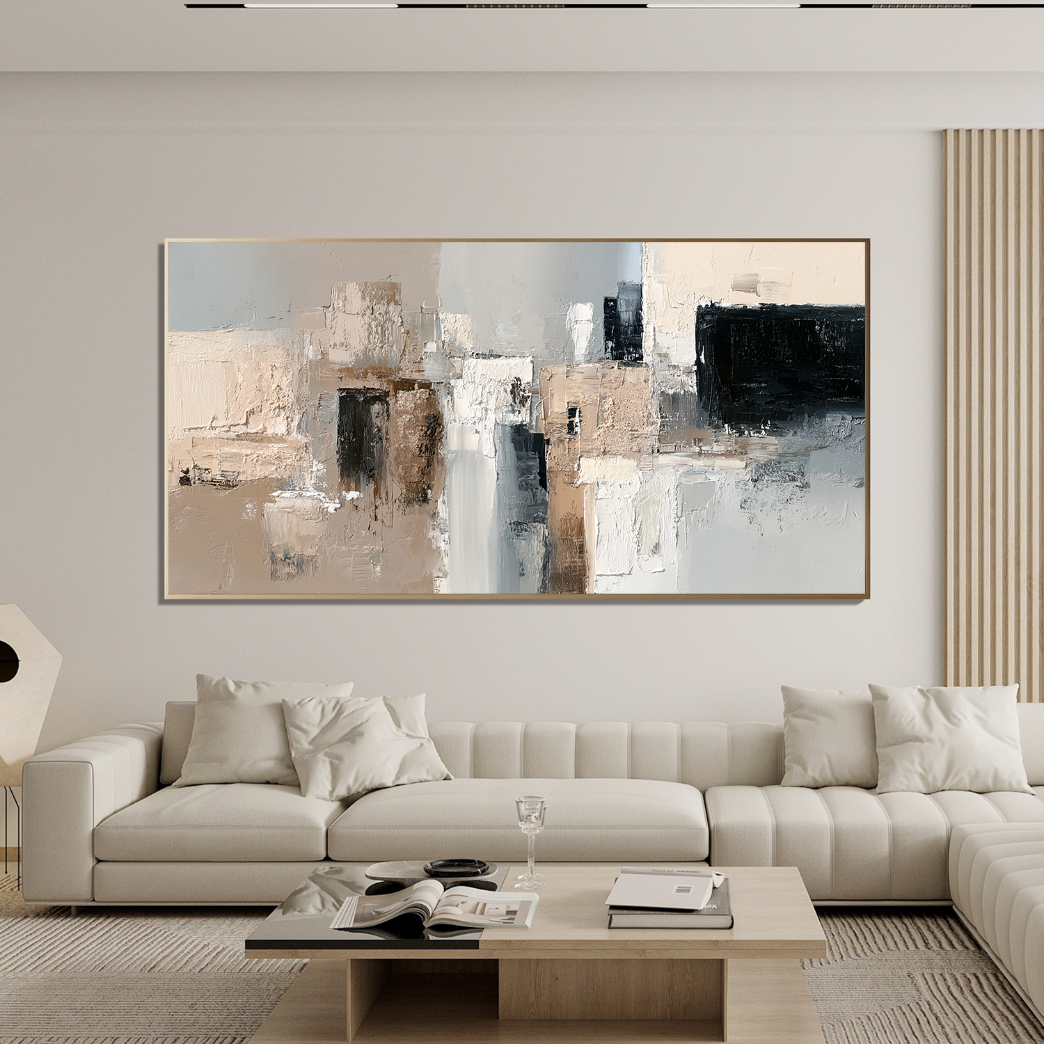 Large Neutral Abstract Canvas Wall Art – Modern Textured Black White Beige Painting for Living Room Decor#OA 0874