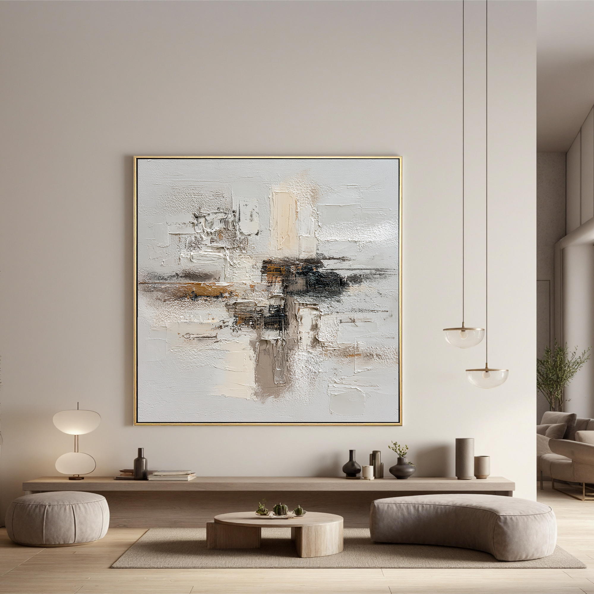 Large Neutral Textured Abstract Canvas Wall Art – Beige White Minimalist Painting for Modern Living Room Decor#OA 0882