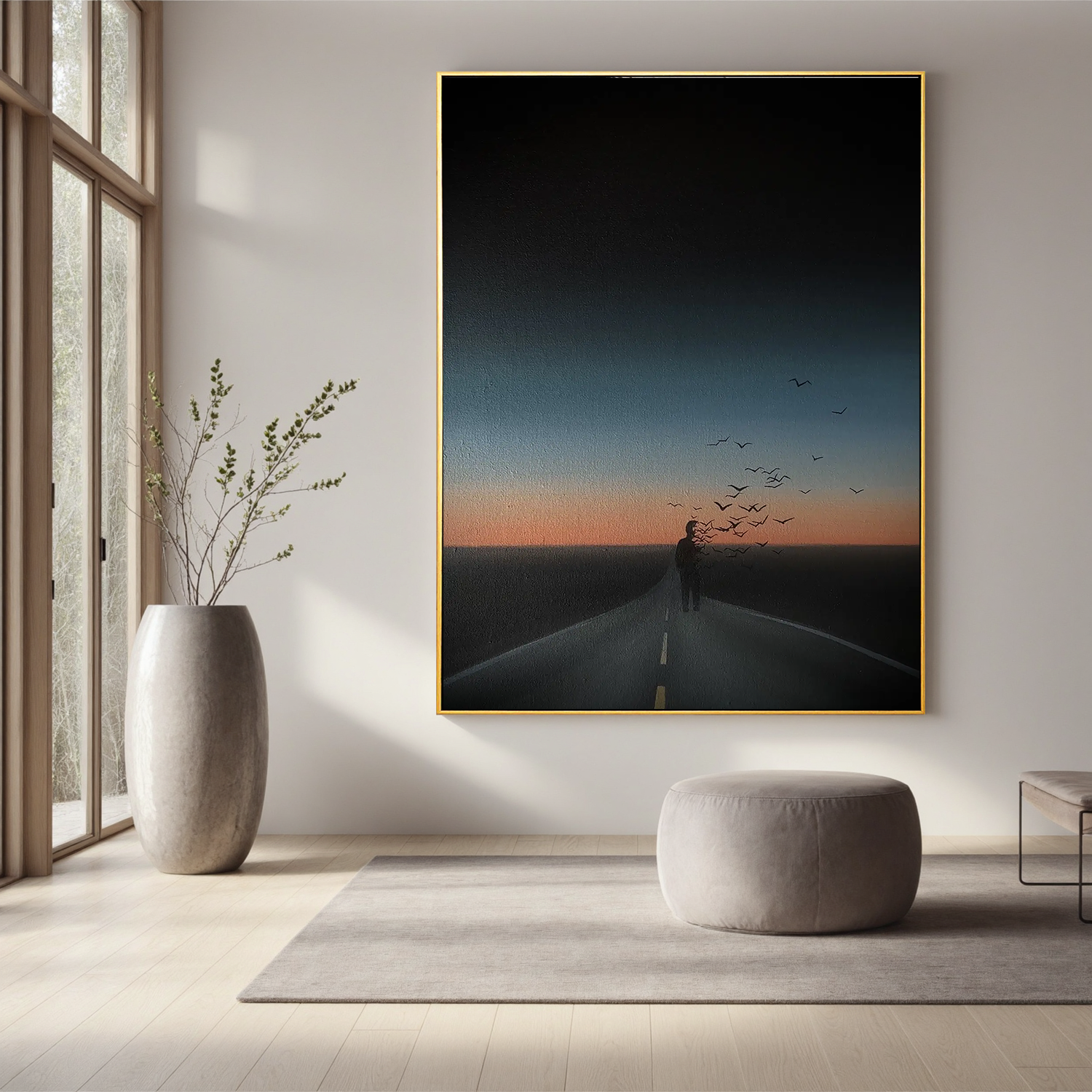 Surreal Lonely Road Wall Art with Flying Birds, Sunset Silhouette Landscape Canvas for Modern Living Room Decor #OA 0749