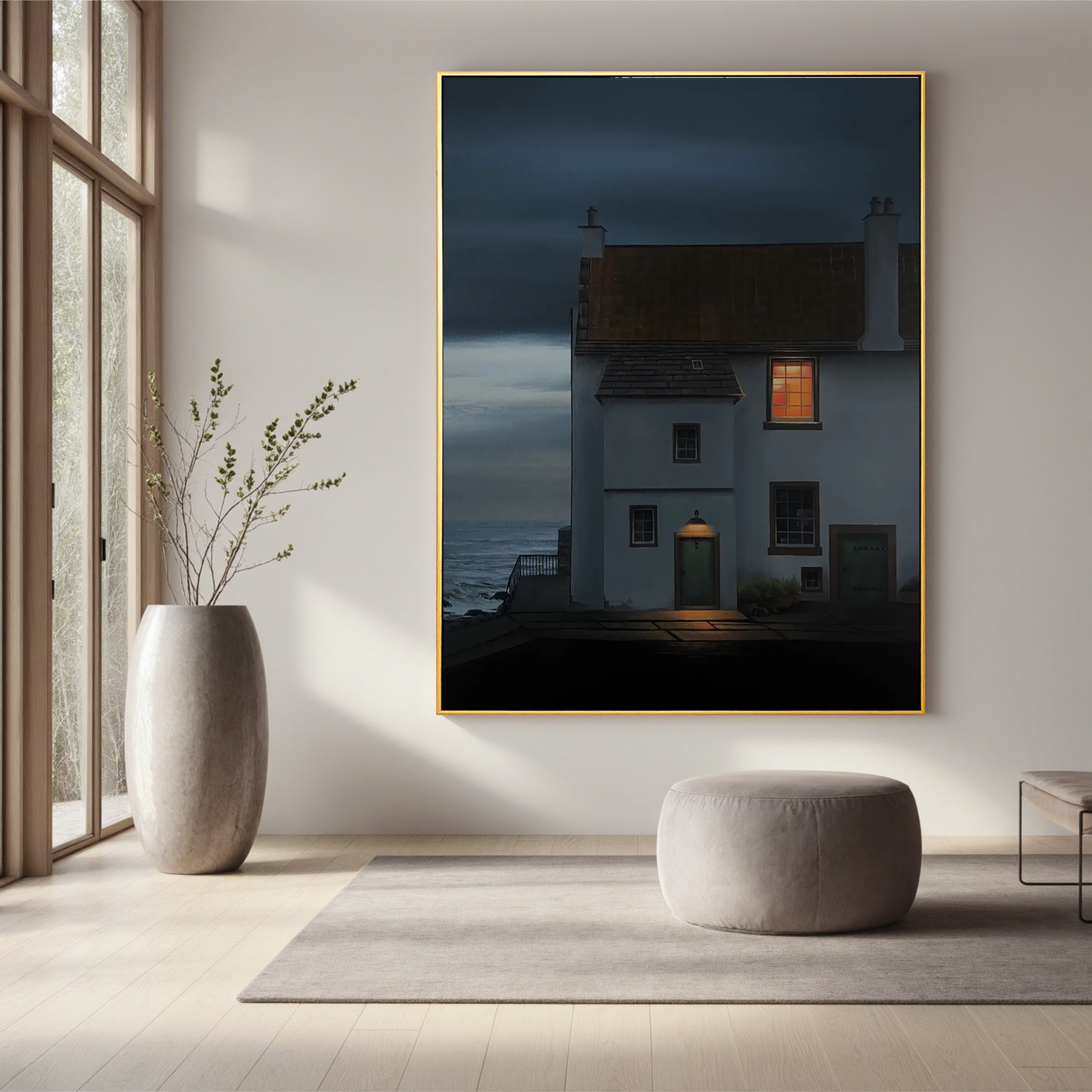 Coastal Cottage at Night Wall Art, Moody Seaside House with Warm Window Light Canvas for Living Room Decor #OA 0752