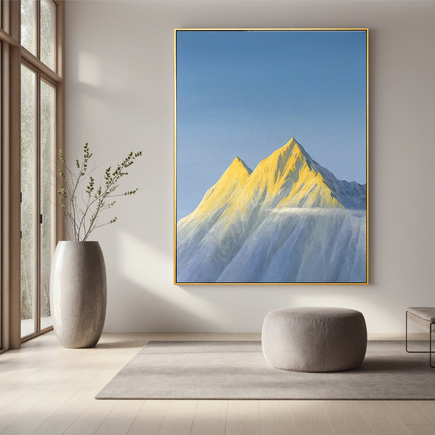 Golden Snow-Capped Mountain Wall Art, Minimalist Alpine Landscape Canvas Painting for Modern Living Room Decor #OA 0792