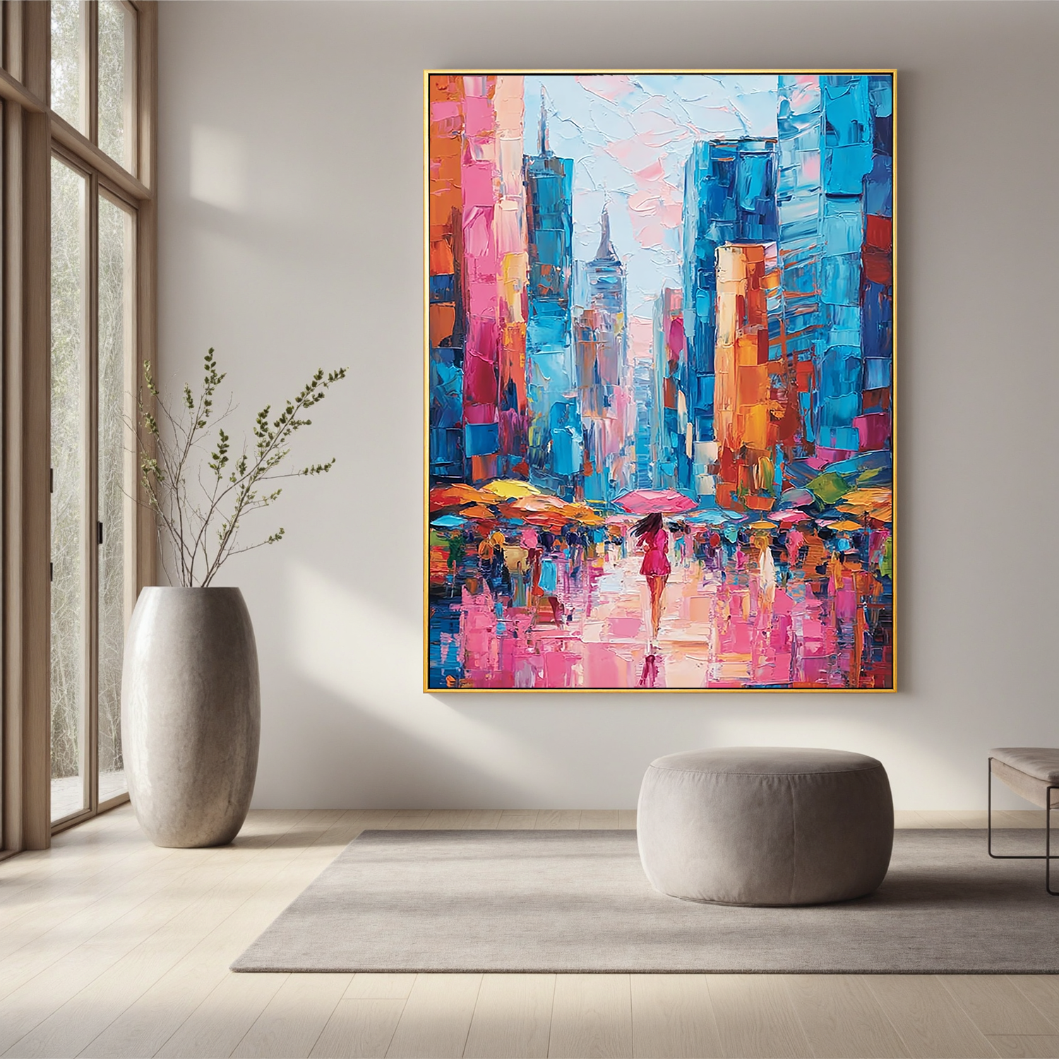 Colorful Abstract Cityscape Oil Painting, Pink and Blue Urban Wall Art for Living Room Decor#OA 0524
