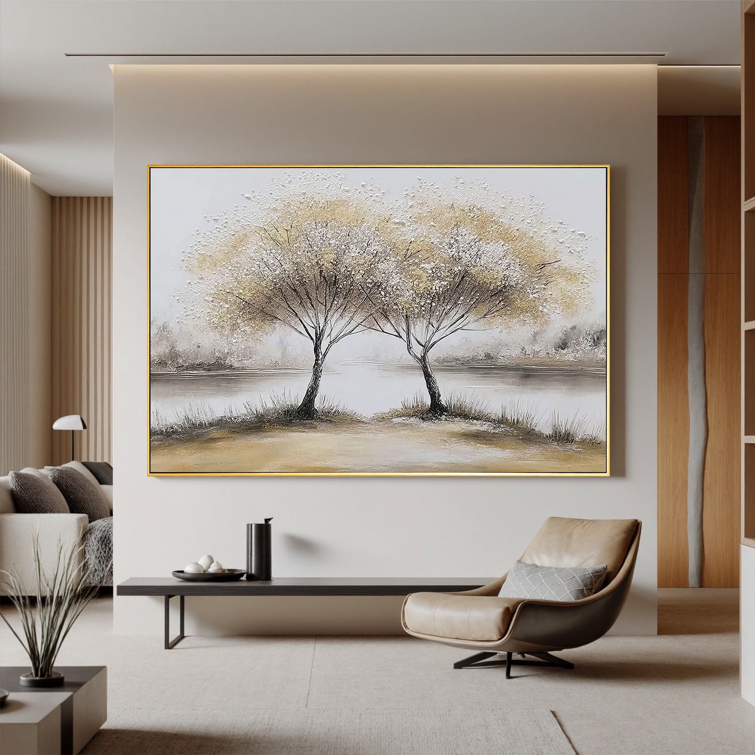 Lakeside Tree Wall Art, Neutral Twin Trees Landscape Canvas Painting for Living Room Décor #OA 0421