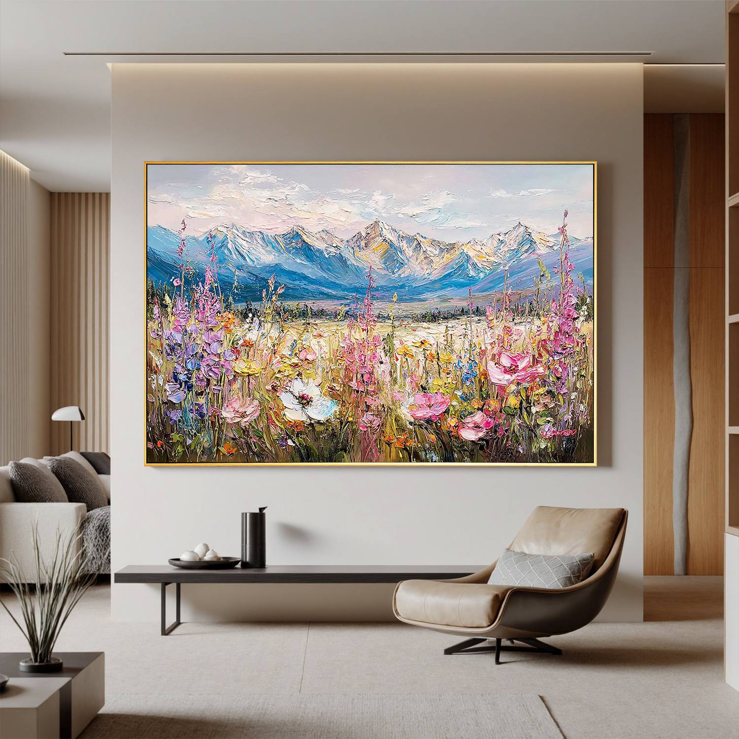 Mountain Wildflower Meadow Wall Art, Textured Alpine Landscape Canvas Painting for Living Room Décor #OA 0416