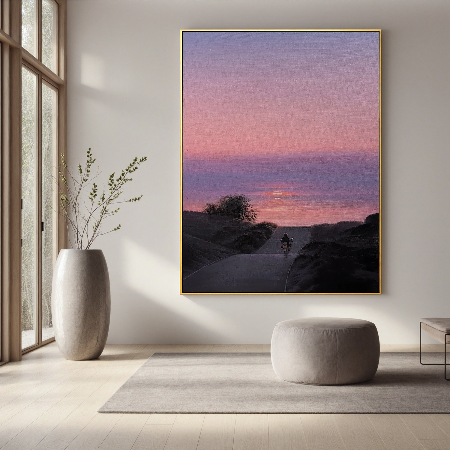 Sunset Motorcycle Road Wall Art, Romantic Pink and Purple Sky Landscape Canvas for Living Room Decor #OA 0741