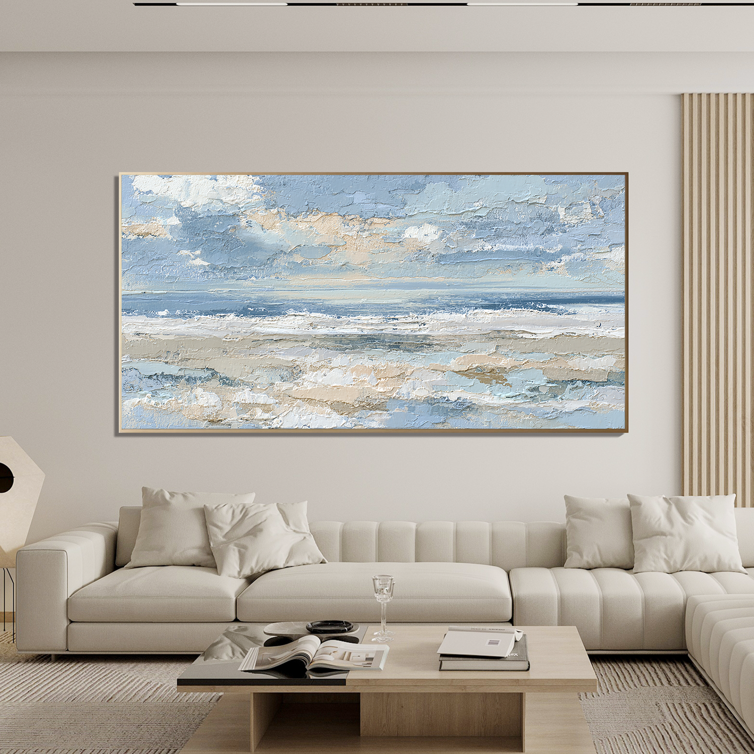 Large Coastal Seascape Canvas Wall Art – Blue Ocean Waves & Sky Painting for Modern Living Room Decor#OA 0843