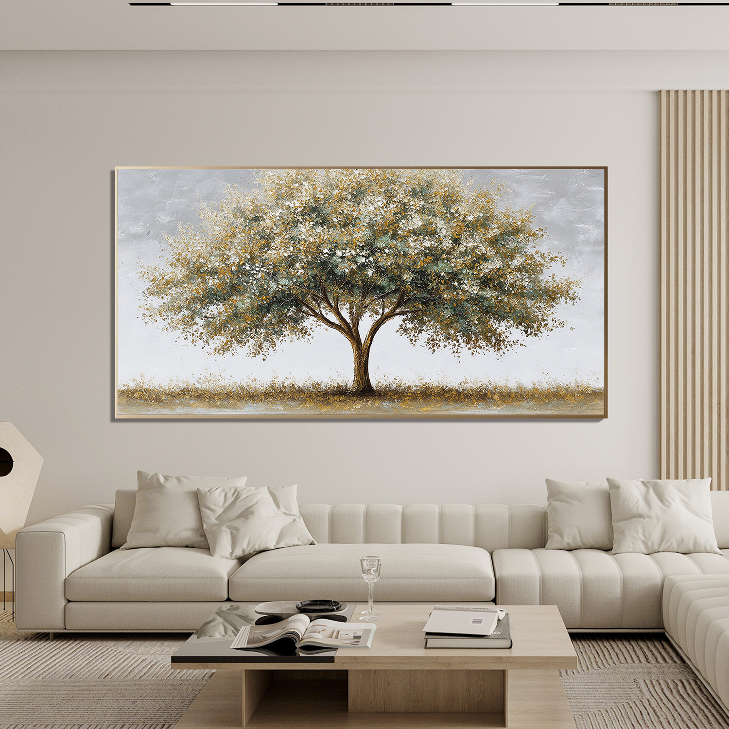 Golden Tree Canvas Wall Art – Minimalist Nature Painting for Modern Living Room Decor#OA 0851