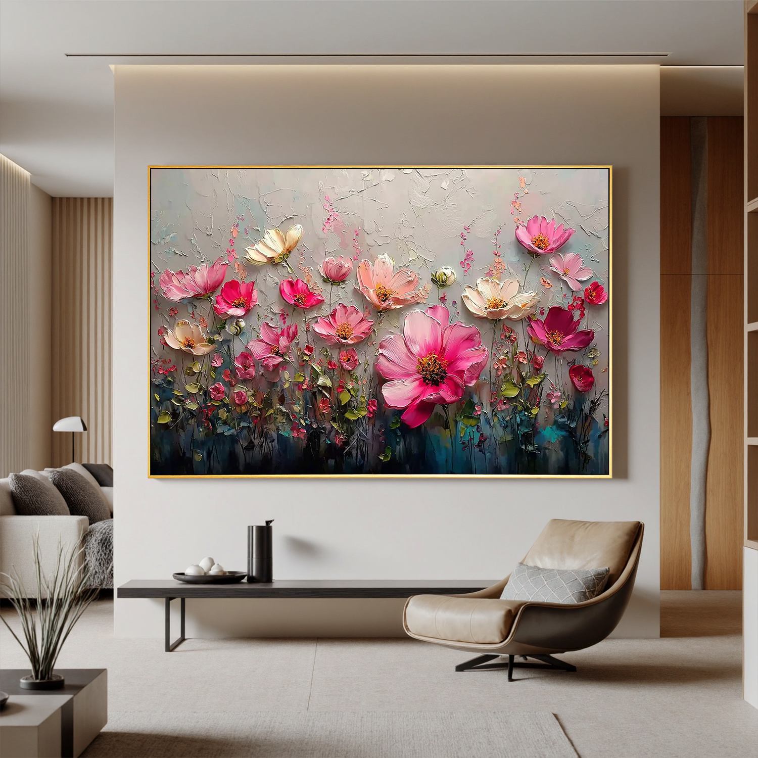 Pink Floral Wall Art, Textured Flower Garden Canvas Painting for Living Room Décor #OA 0409