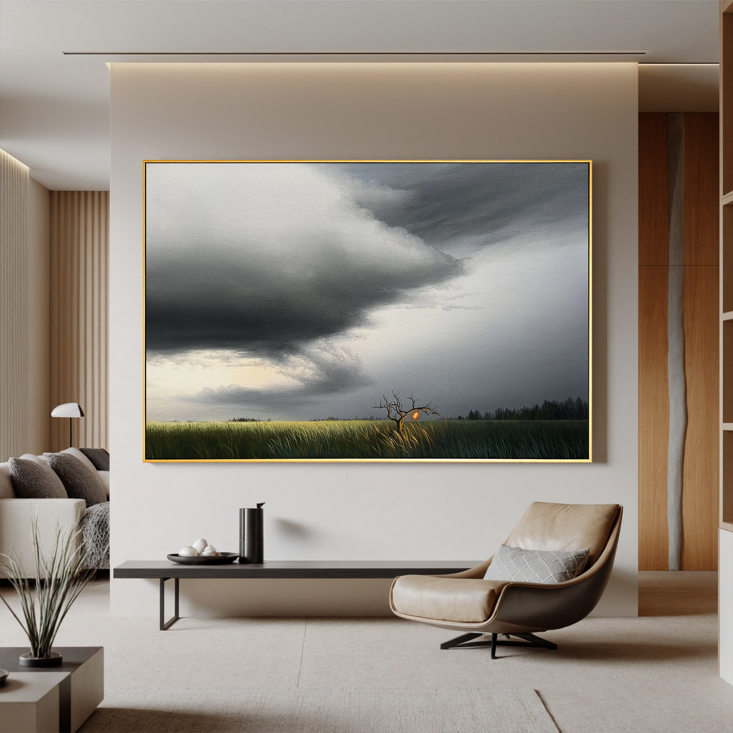Dramatic Stormy Sky Landscape Wall Art with Glowing Tree, Moody Panoramic Field Canvas for Living Room Decor #OA 0736