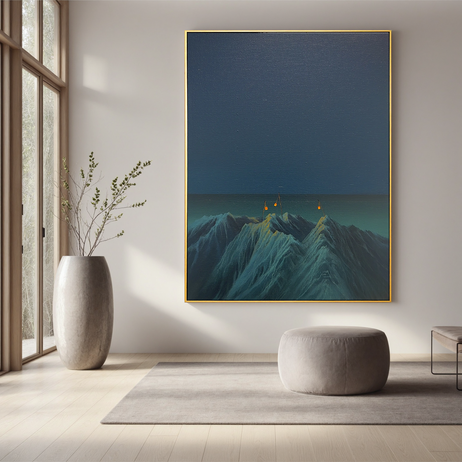 Surreal Mountain Night Wall Art with Hanging Lanterns, Minimalist Blue Landscape Canvas for Living Room Decor #OA 0746