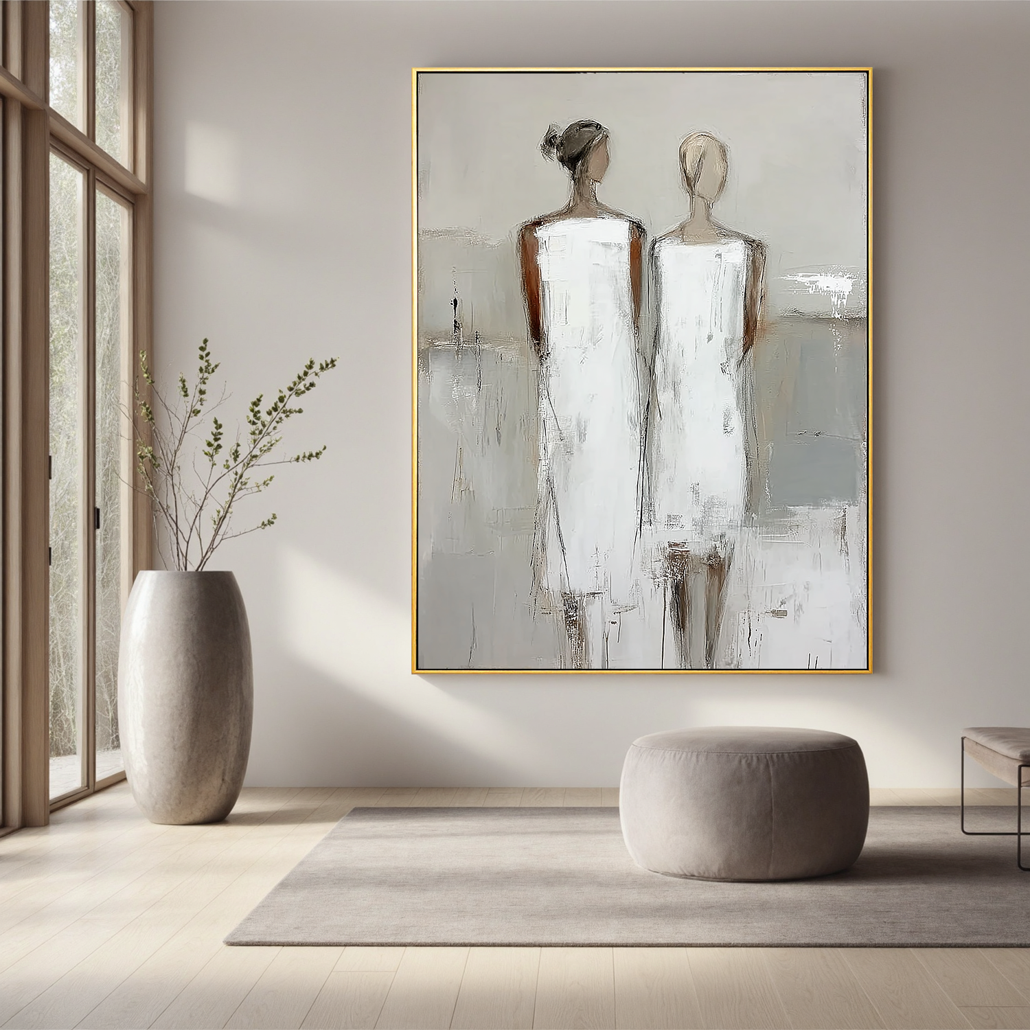 Neutral Abstract Figure Oil Painting, Minimalist Two Women Wall Art for Living Room Decor #OA 0522