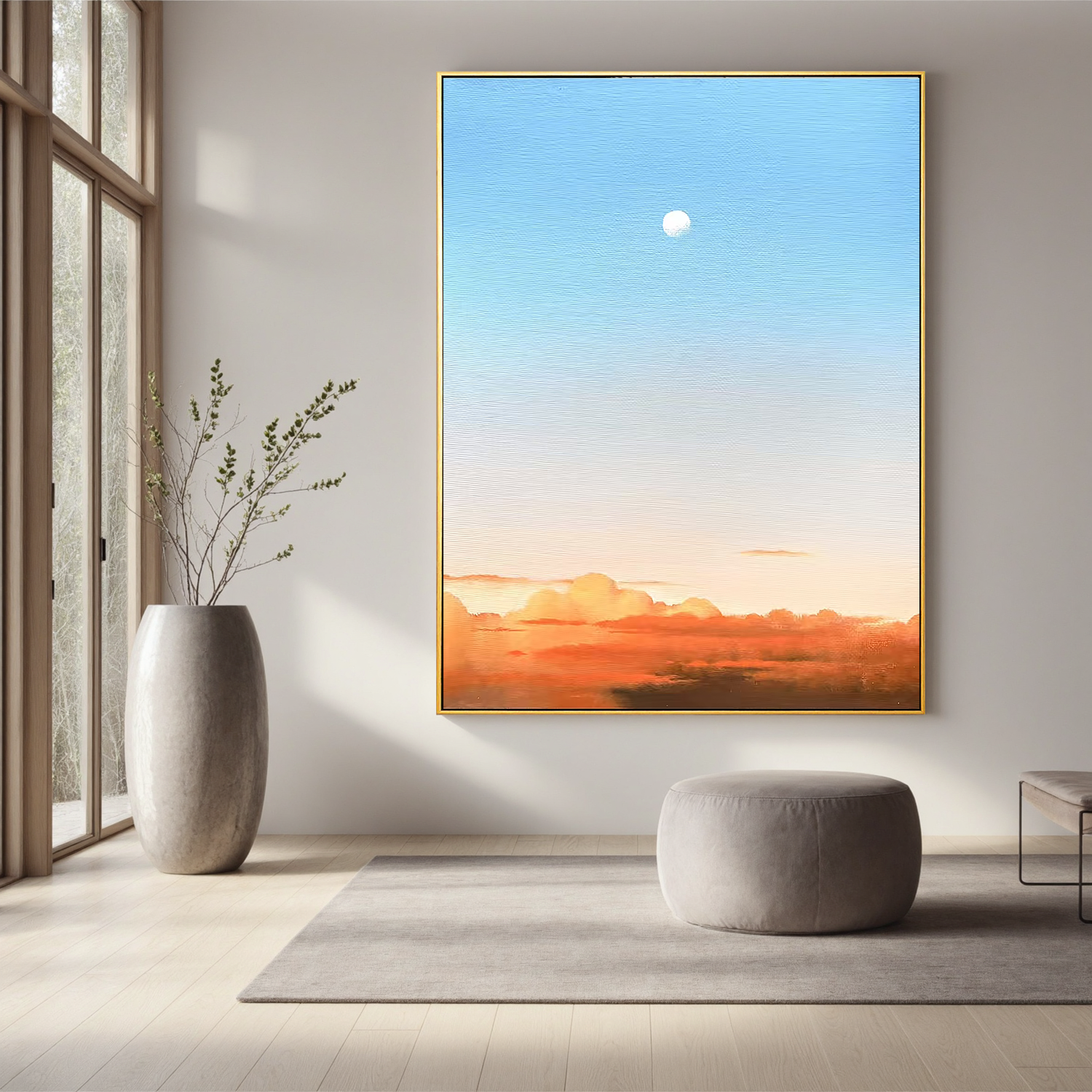 Minimalist Moon and Sunset Sky Wall Art, Serene Gradient Cloud Landscape Canvas Painting for Modern Living Room Decor #OA 0772