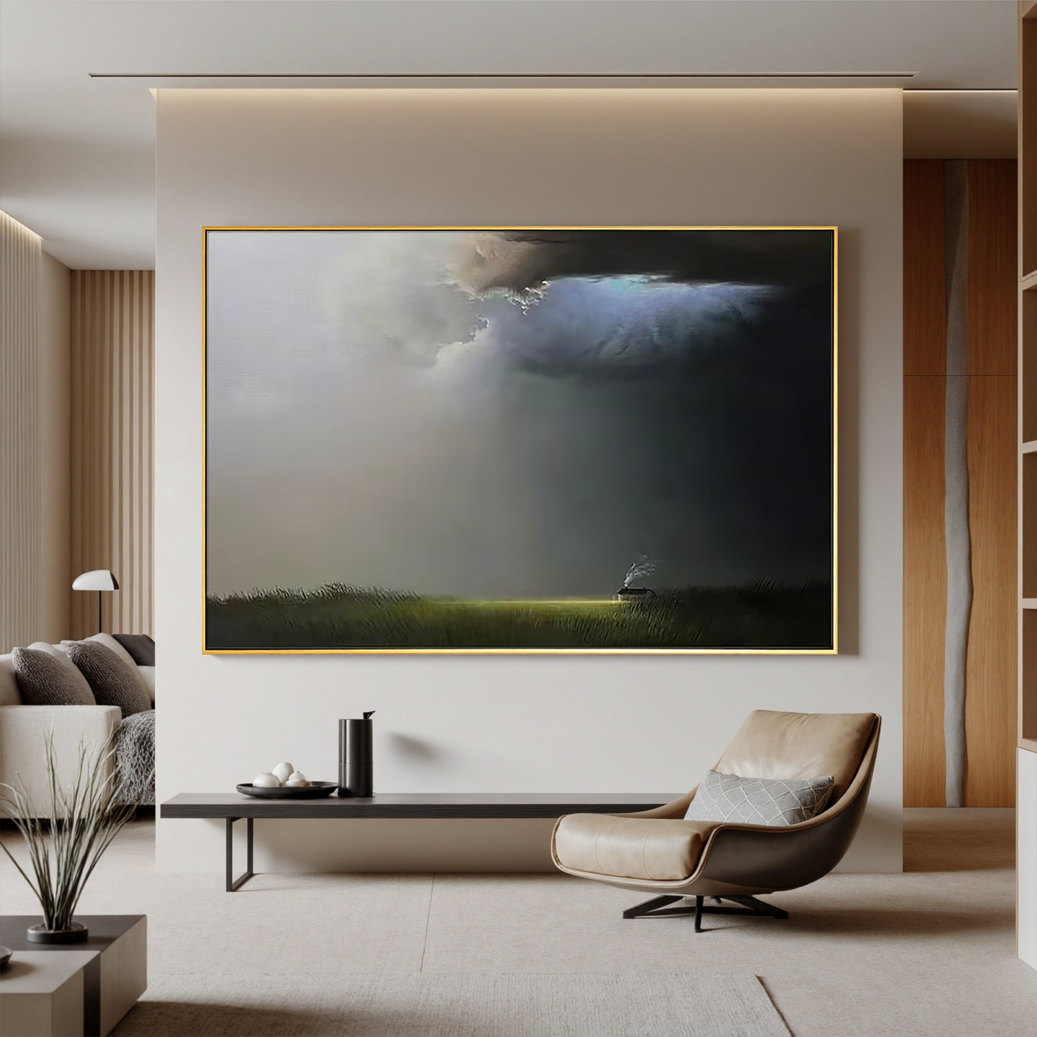 Dramatic Sky Landscape Wall Art, Moody Cloud and Light Canvas Painting with Solitary Cabin for Living Room Decor #OA 0726