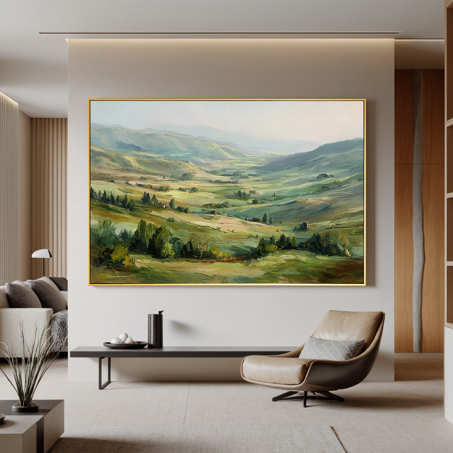 Large Rolling Hills Landscape Oil Painting – Scenic Green Valley Canvas Wall Art#OA 0893