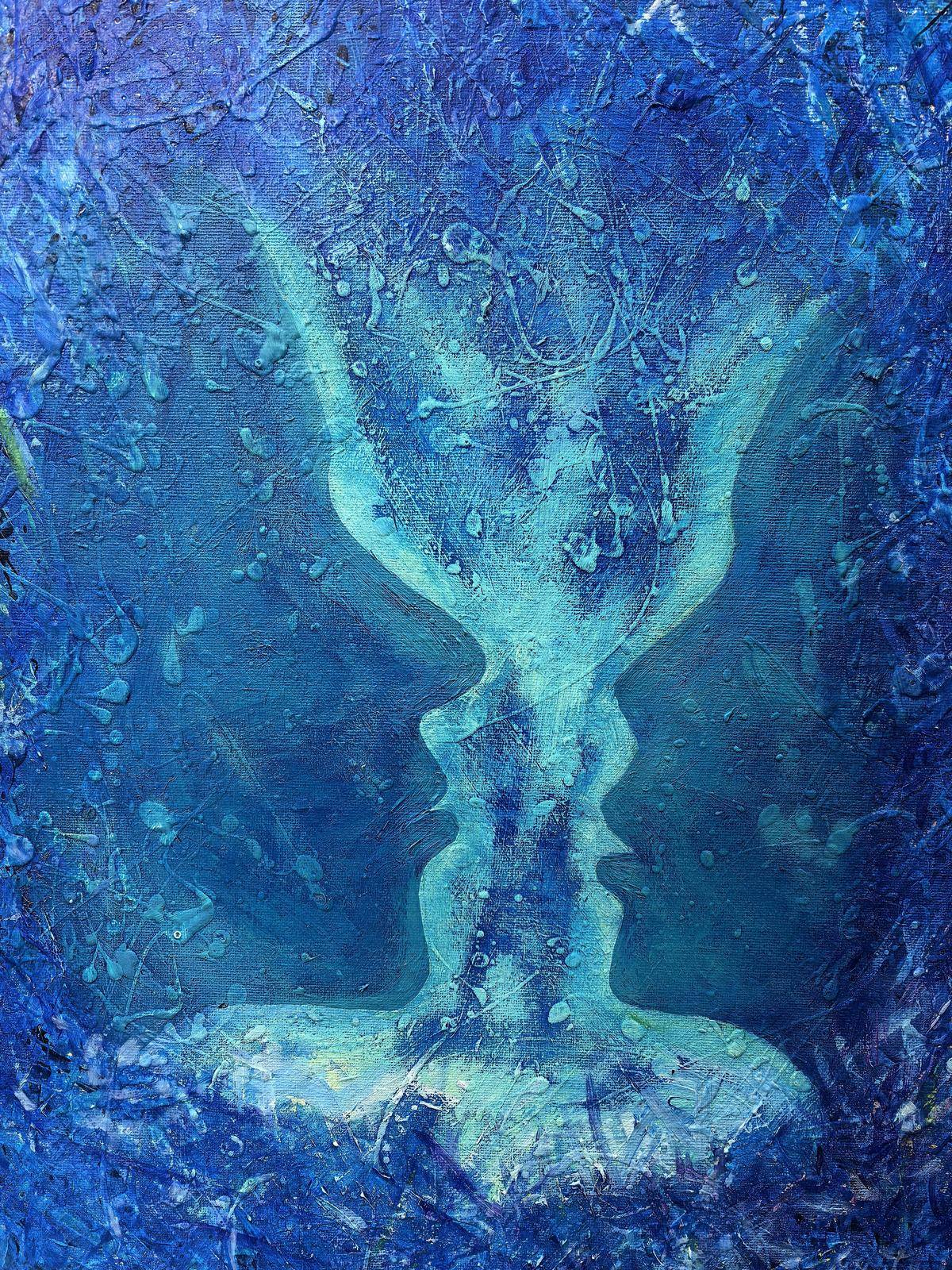 Pillar of Blue Flame(40''x 55''/ 100 x 140 CM/Stretched + Gold Wooden Frame)