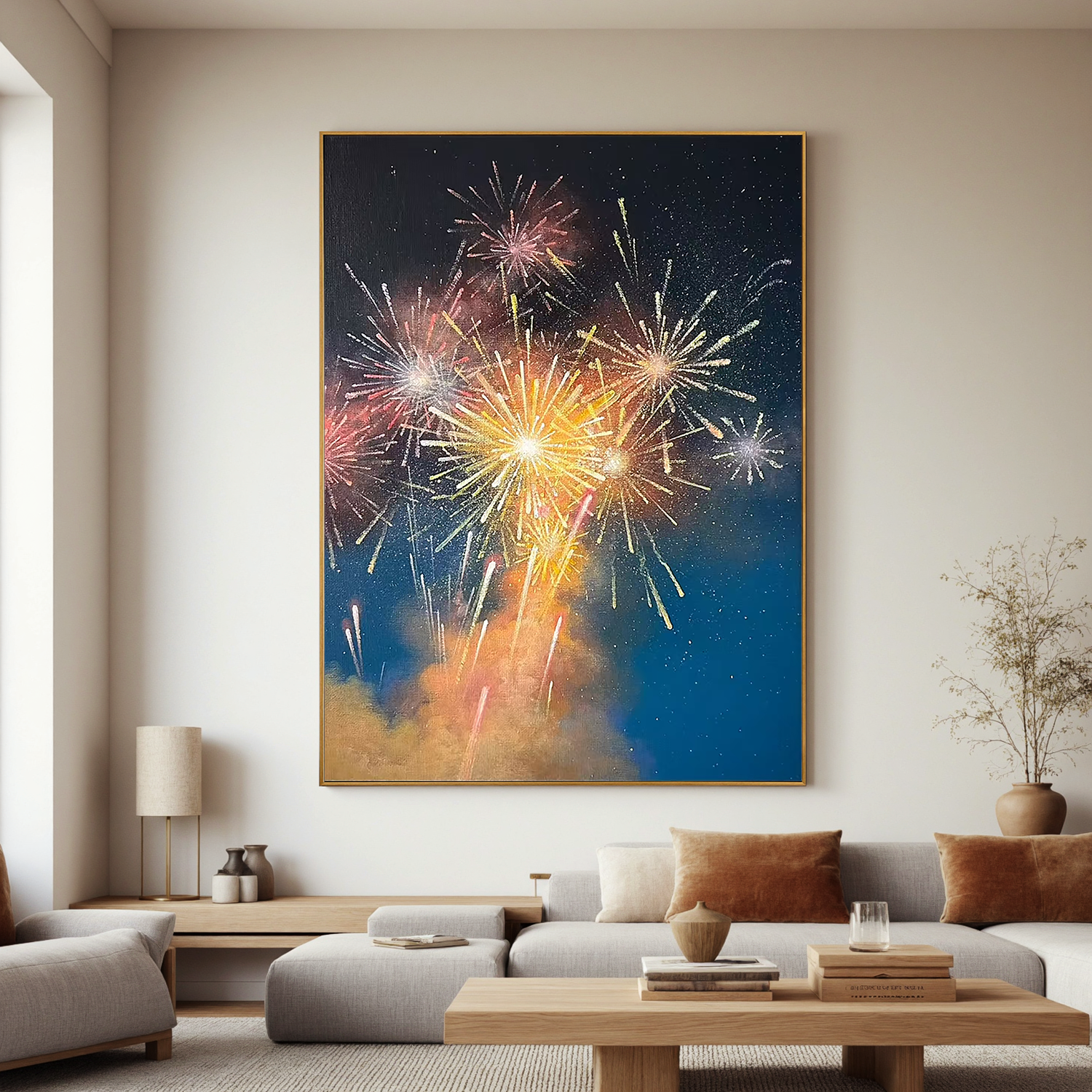 Colorful Fireworks Night Sky Wall Art – Celebration Canvas Painting for Living Room and Party Decor #OA 0799