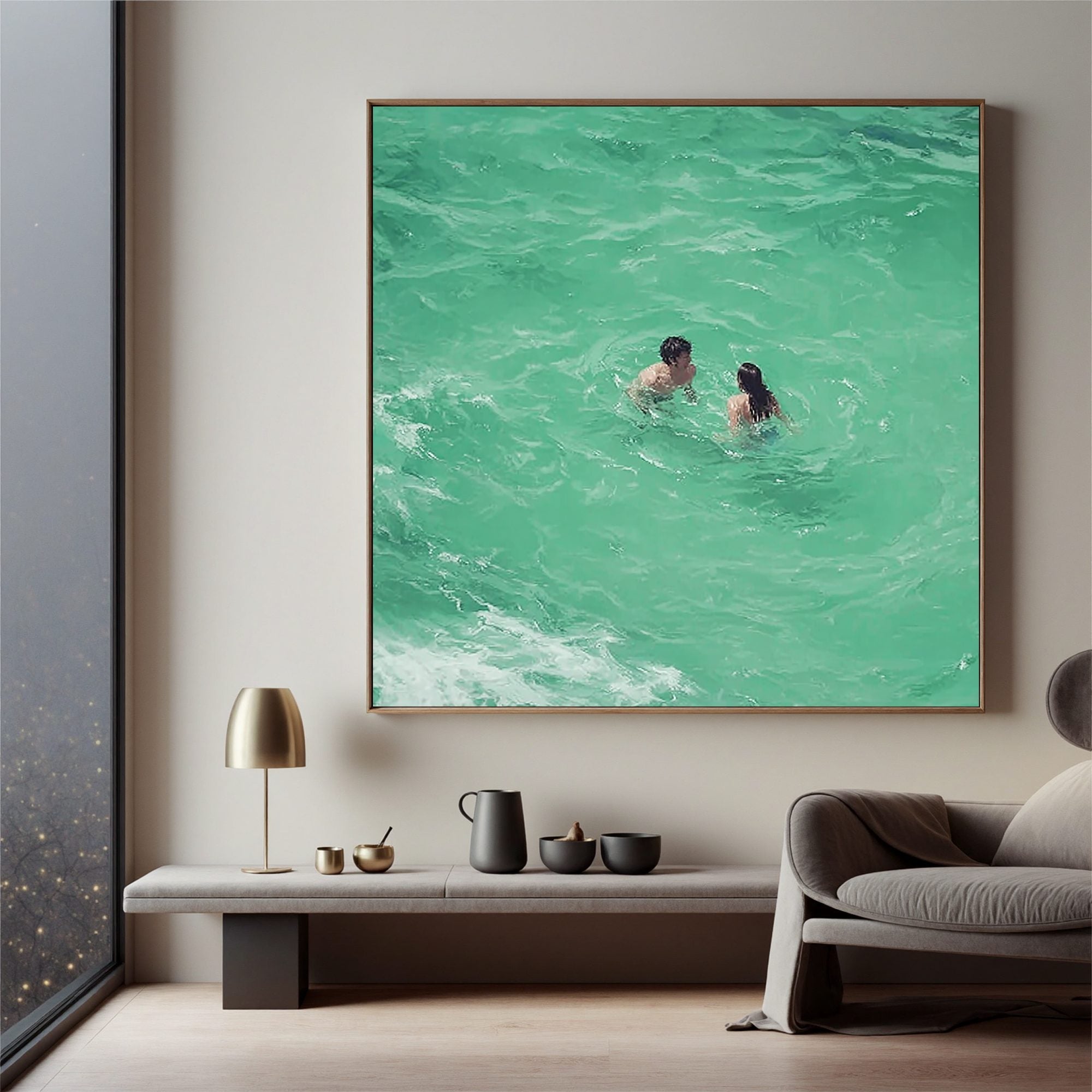 Romantic Couple Swimming in Turquoise Ocean Oil Painting | Coastal Wall Art for Modern Living Room #OA 0426