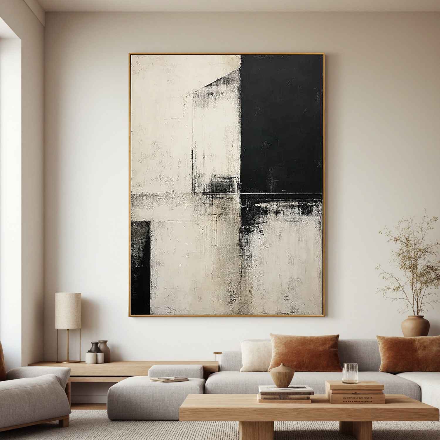 Black and White Abstract Oil Painting Canvas – Minimalist Geometric Wall Art for Modern Living Room Decor#OA 0548
