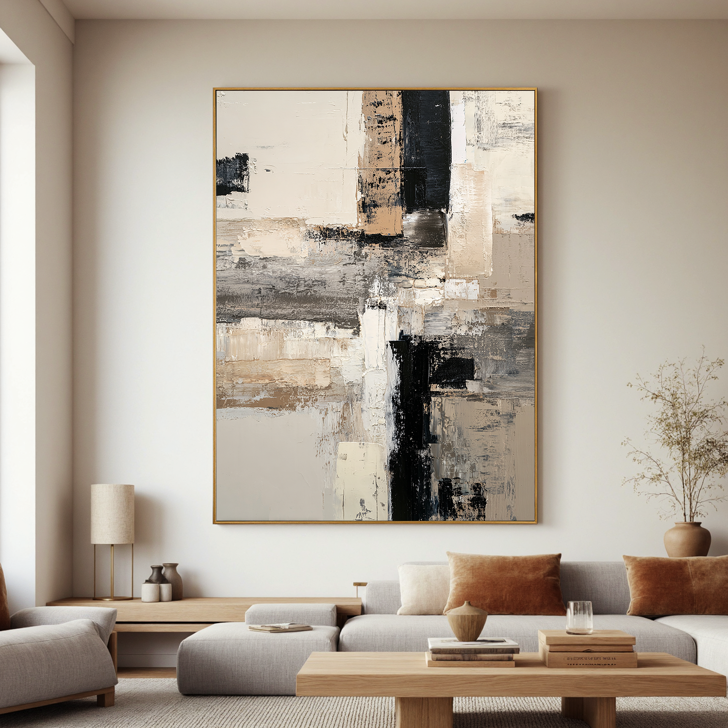 Neutral Abstract Canvas Wall Art – Black White Beige Modern Minimalist Painting for Living Room Decor#OA 0879