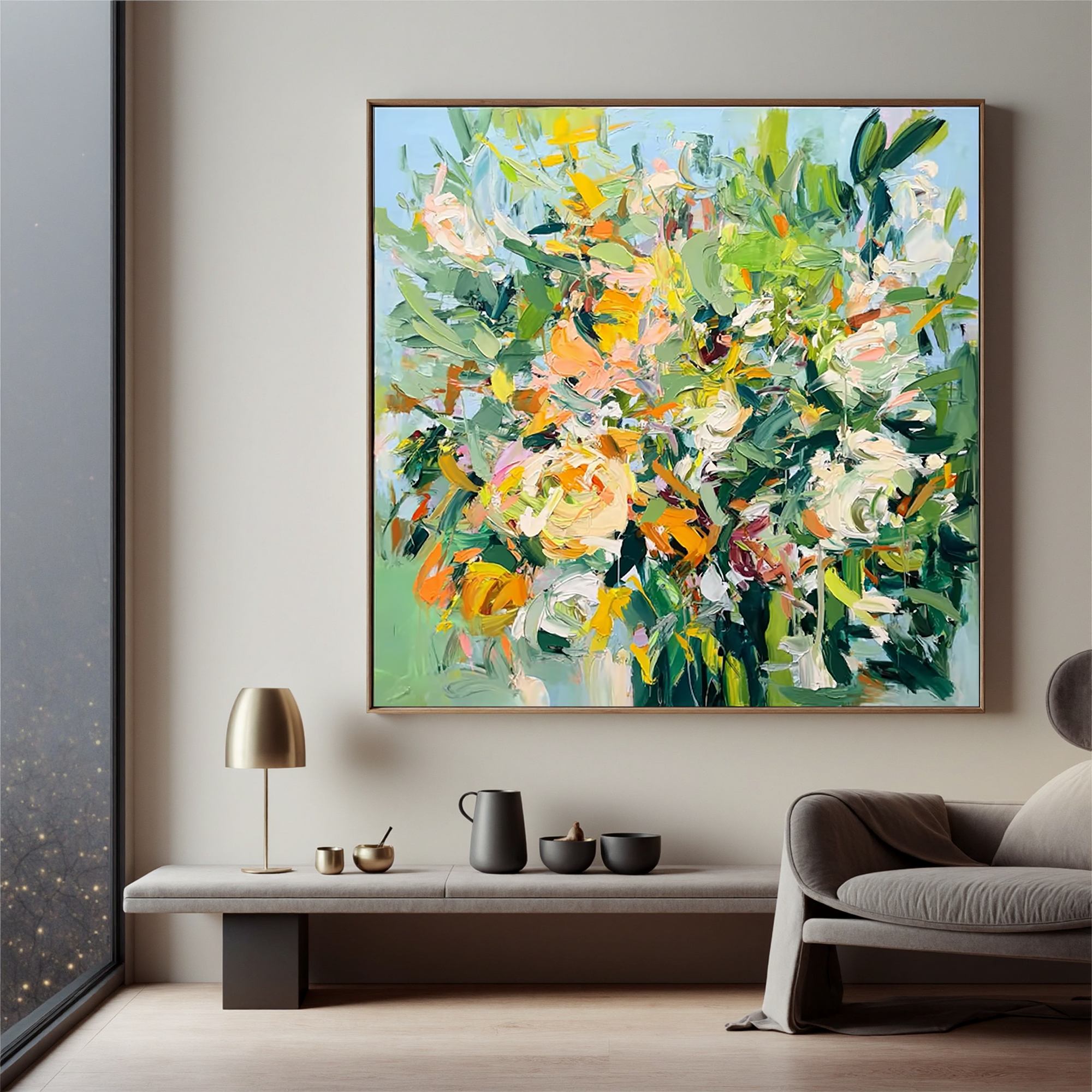 Colorful Abstract Floral Wall Art, Green and Pink Flower Canvas Painting for Living Room Décor #OA 0406