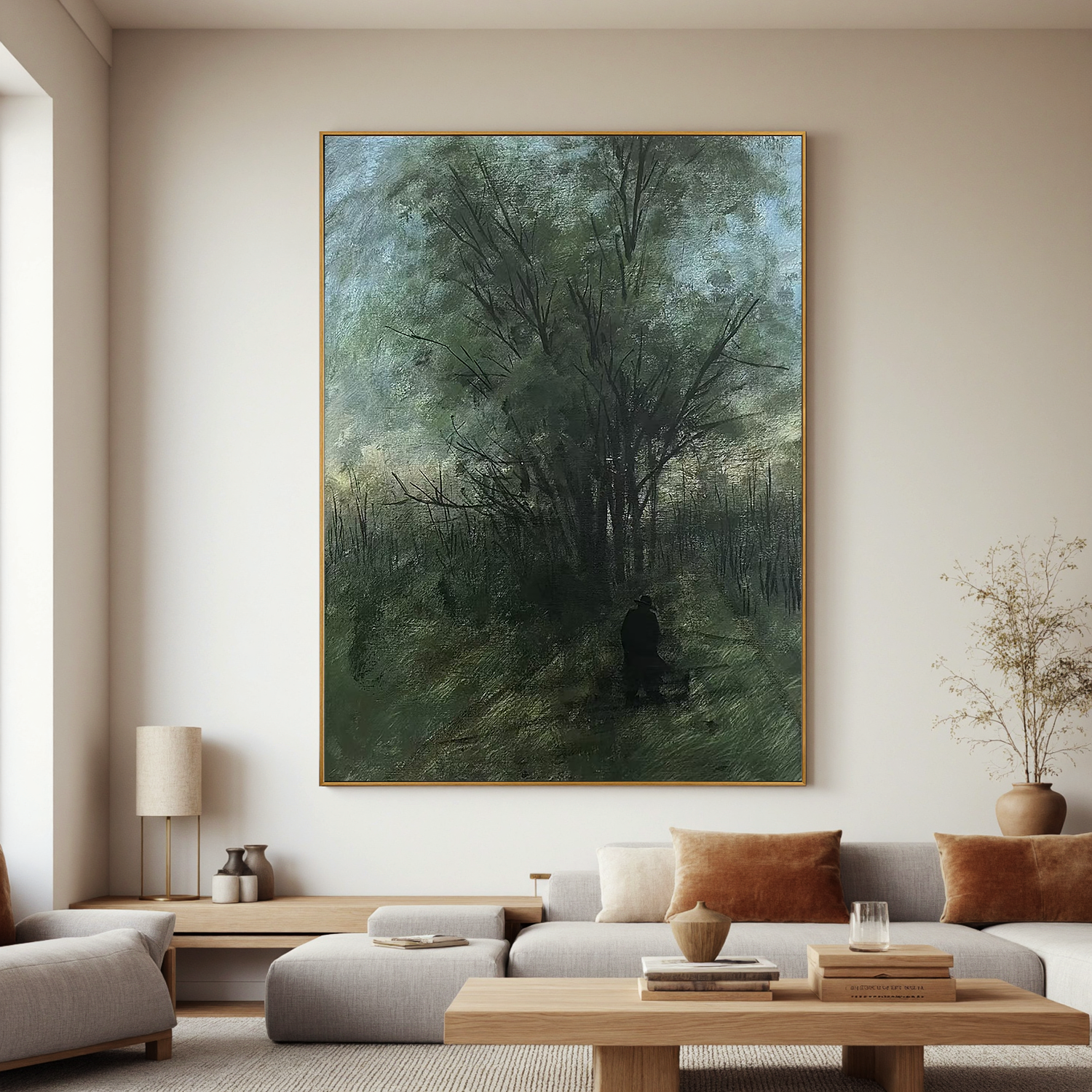 Moody Forest Wall Art with Lone Figure, Misty Woodland Landscape Canvas Painting for Living Room Decor #OA 0776