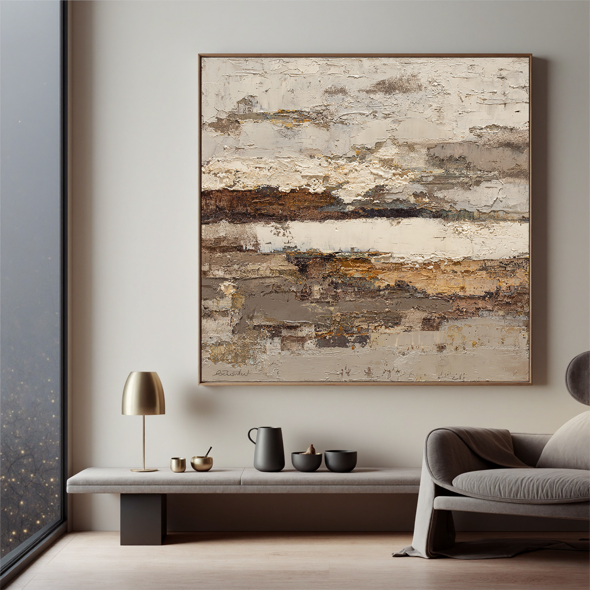 Large Horizontal Neutral Abstract Wall Art – Beige Brown Textured Canvas for Modern Living Room Decor#OA 0829