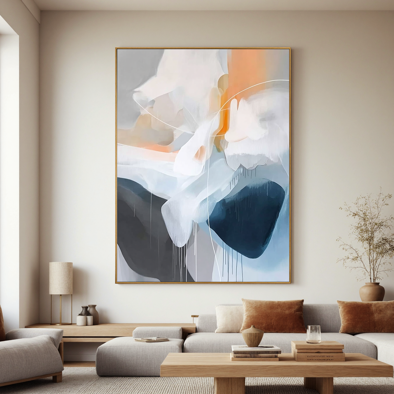 Soft Abstract Oil Painting, Blue Gray and Orange Modern Wall Art for Living Room Decor #OA 0552