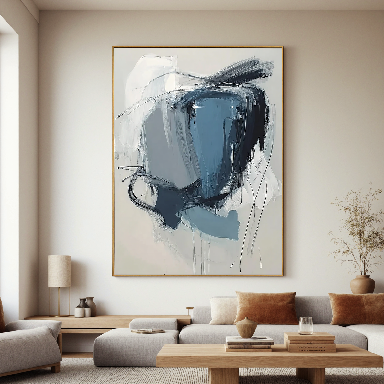 Blue Gray Abstract Oil Painting, Modern Minimalist Wall Art for Living Room Decor #OA 0594