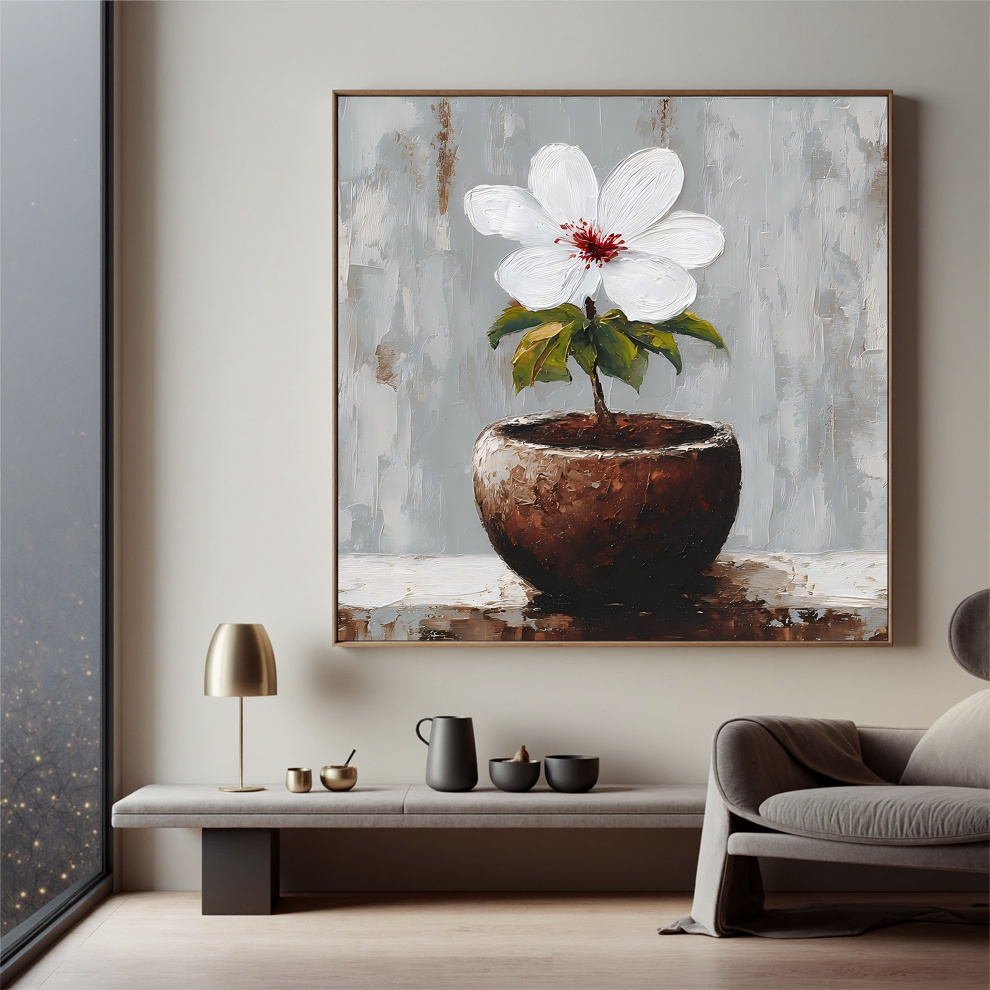 Minimalist White Flower Canvas Wall Art – Elegant Potted Plant Painting for Modern Home Decor#OA 0852