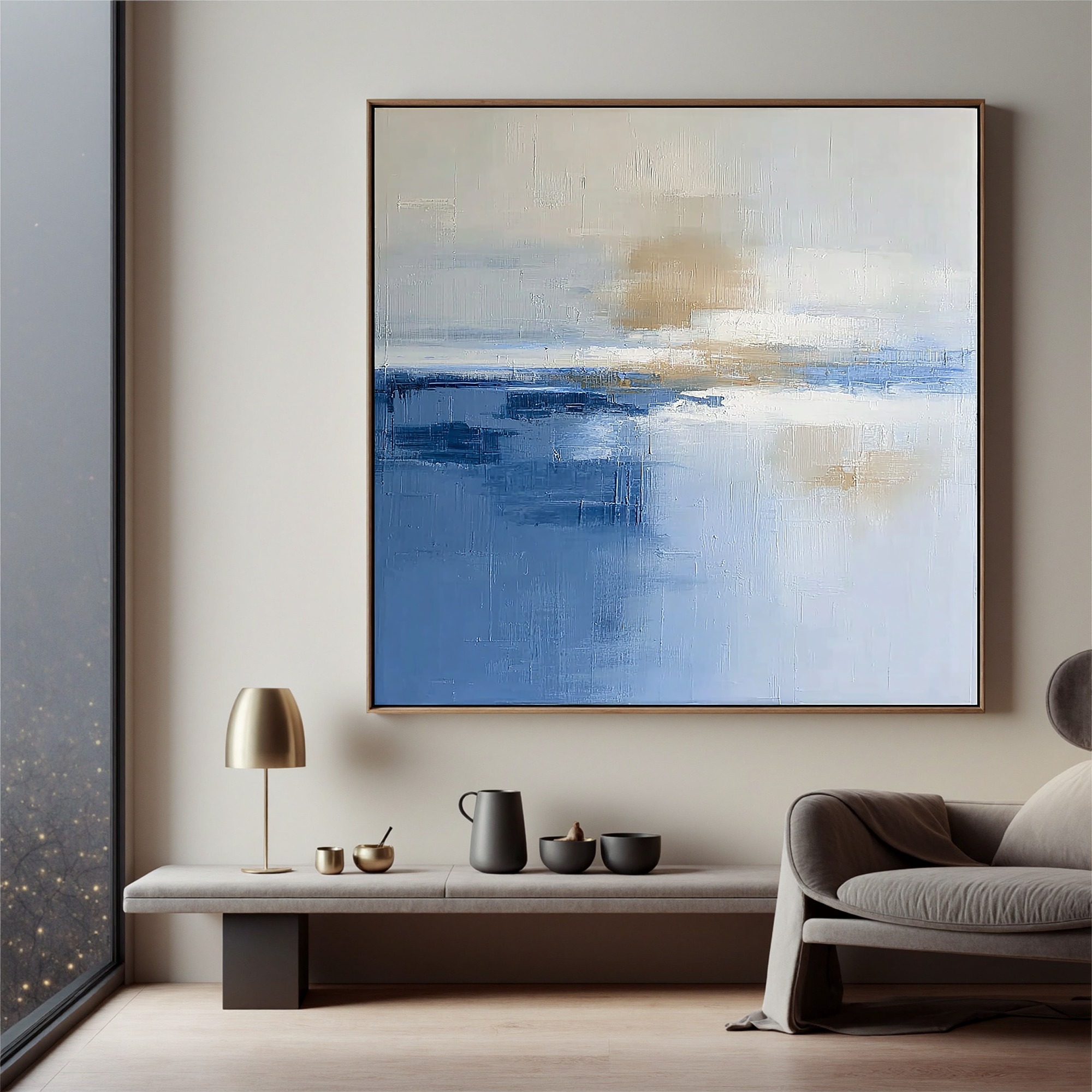 Abstract Blue Seascape Oil Painting Canvas – Minimalist Horizon Wall Art for Living Room Modern Home Decor#OA 0483