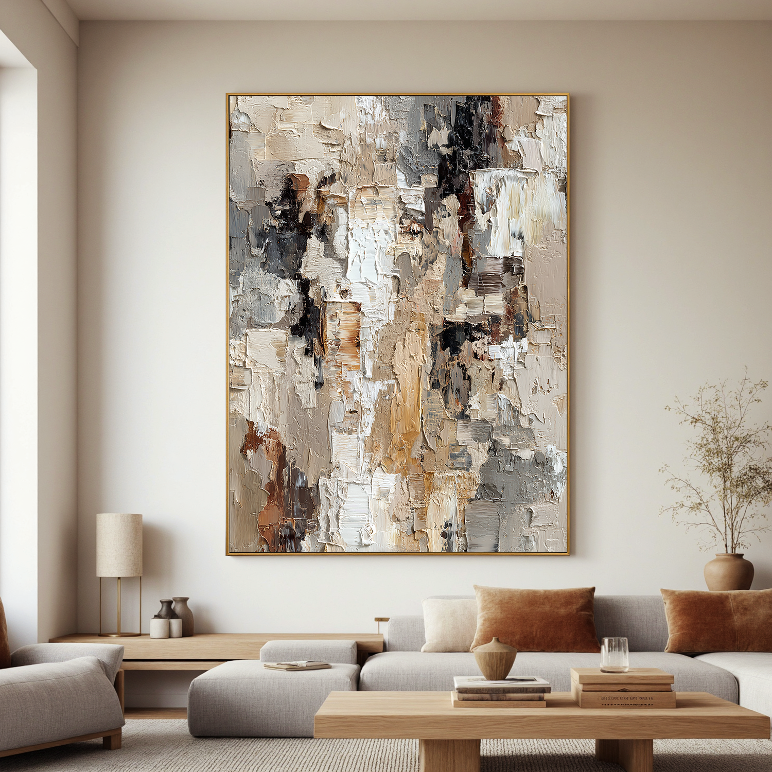 “Neutral Textured Abstract Wall Art – Beige Gray Modern Canvas Painting for Living Room Decor”#OA 825