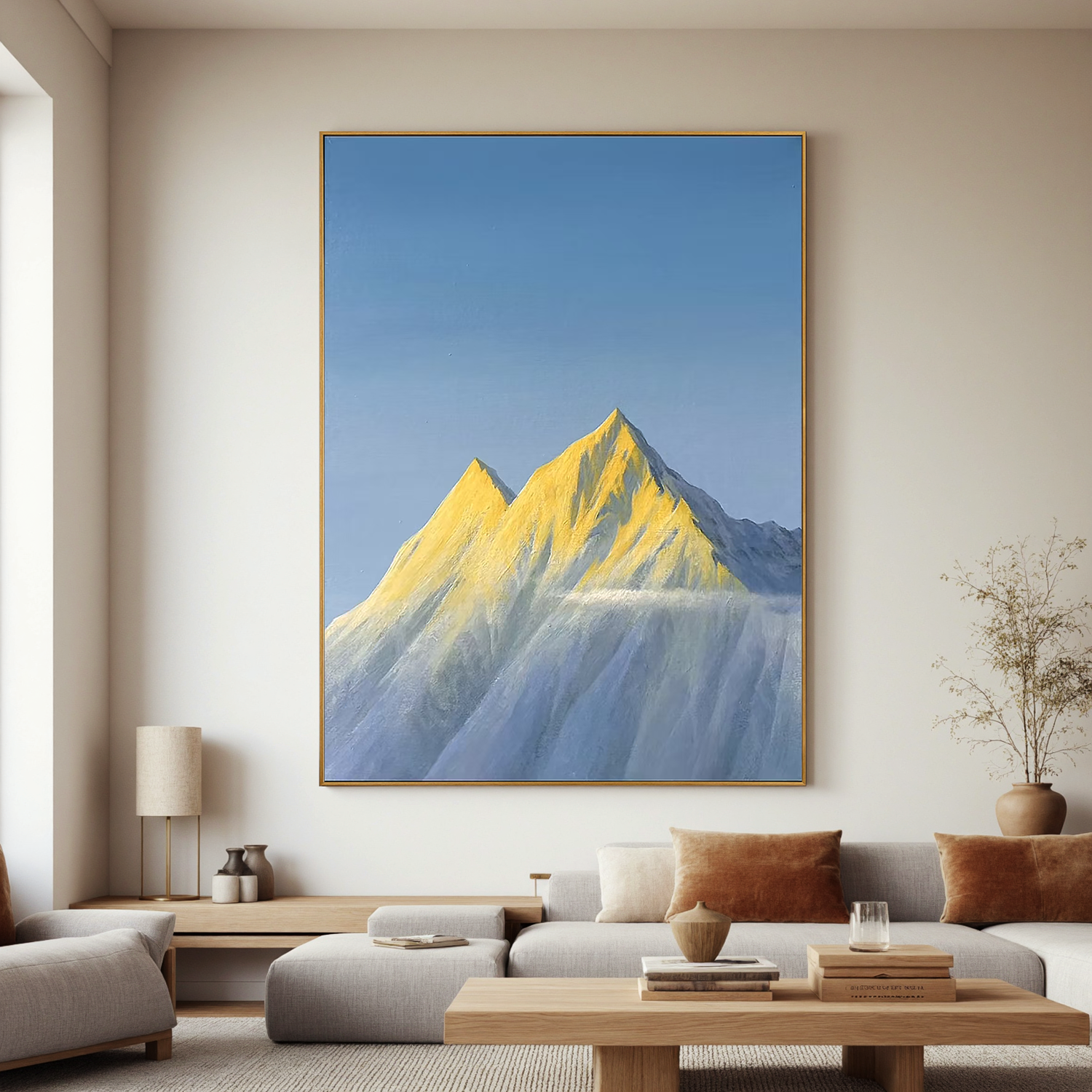 Golden Snow-Capped Mountain Wall Art, Minimalist Alpine Landscape Canvas Painting for Modern Living Room Decor #OA 0792