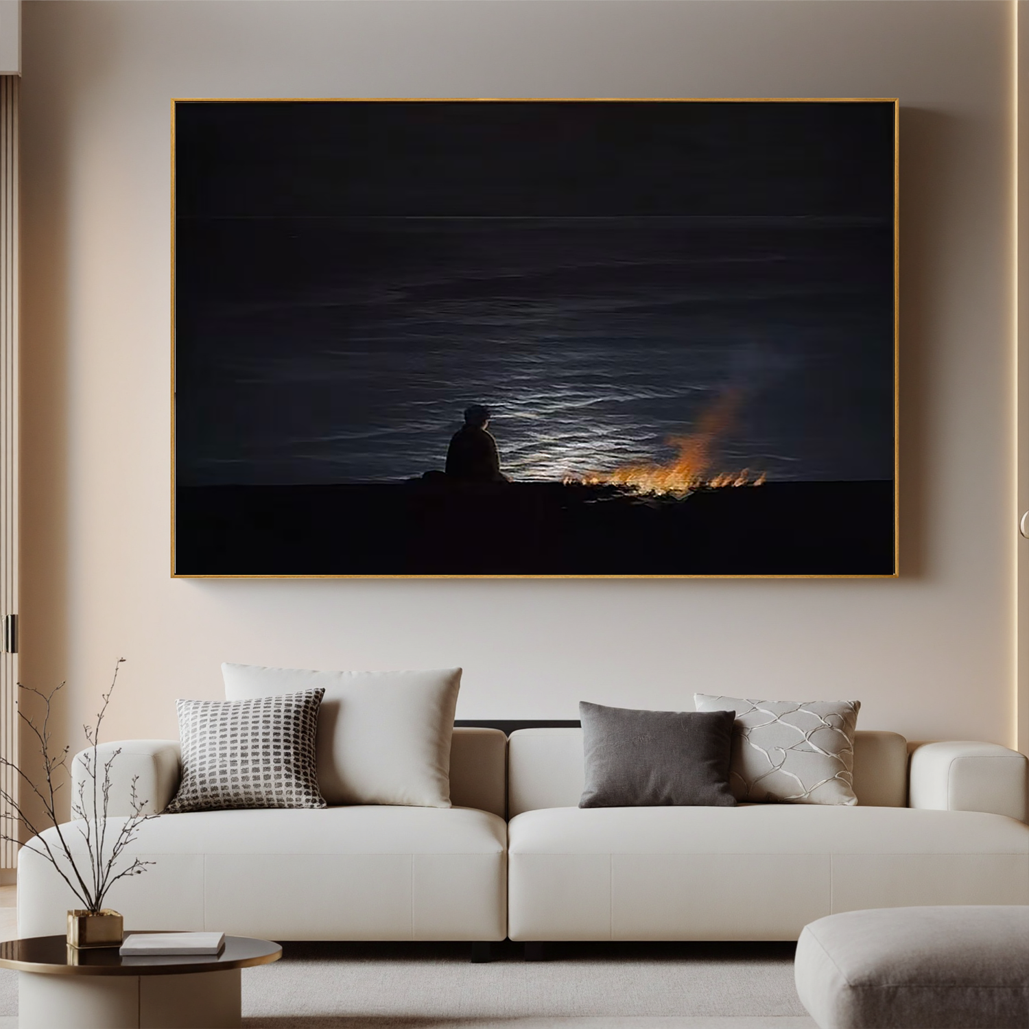 Moonlit Seascape Wall Art, Solitary Figure by Bonfire at Night Ocean Canvas Painting for Living Room Decor #OA 0730