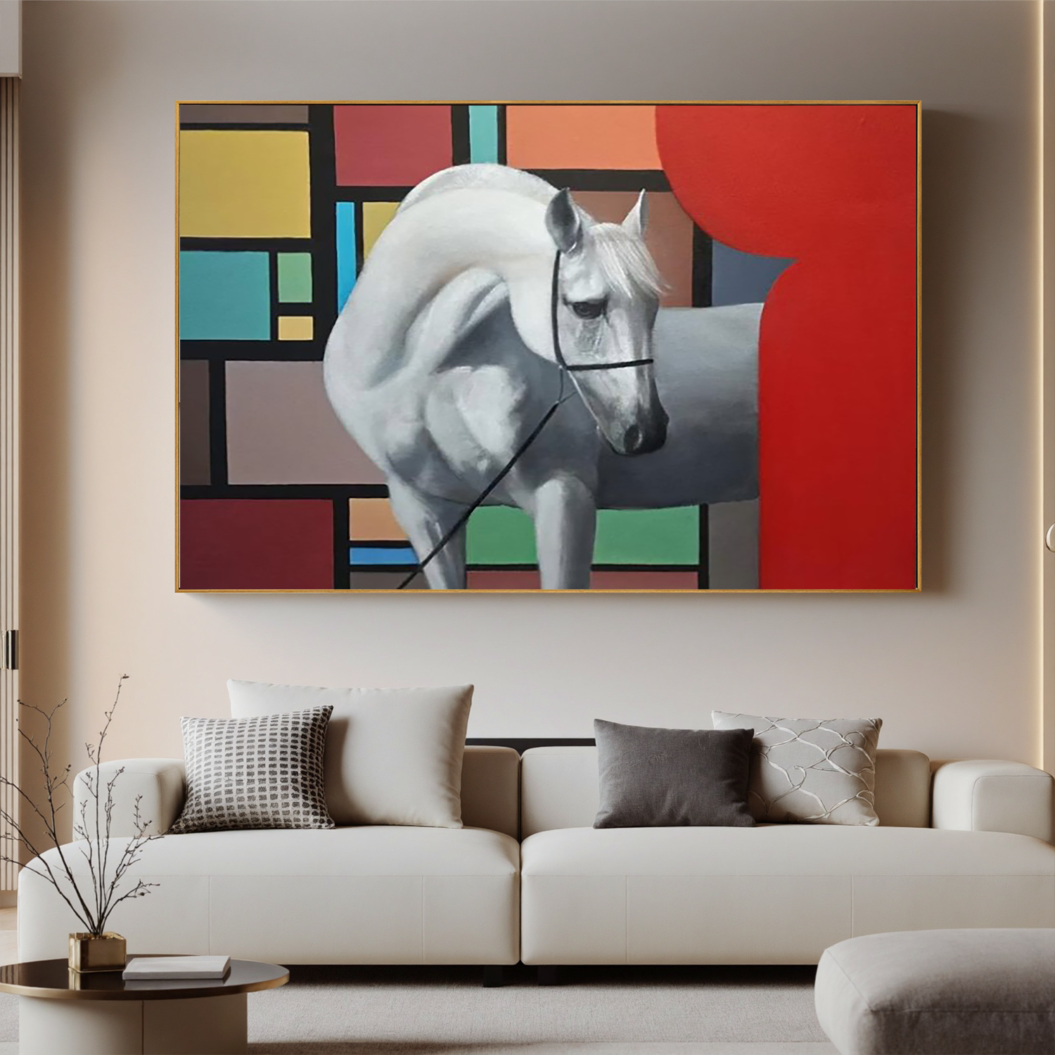 White Horse and Color Blocks-Modern White Horse Abstract Wall Art