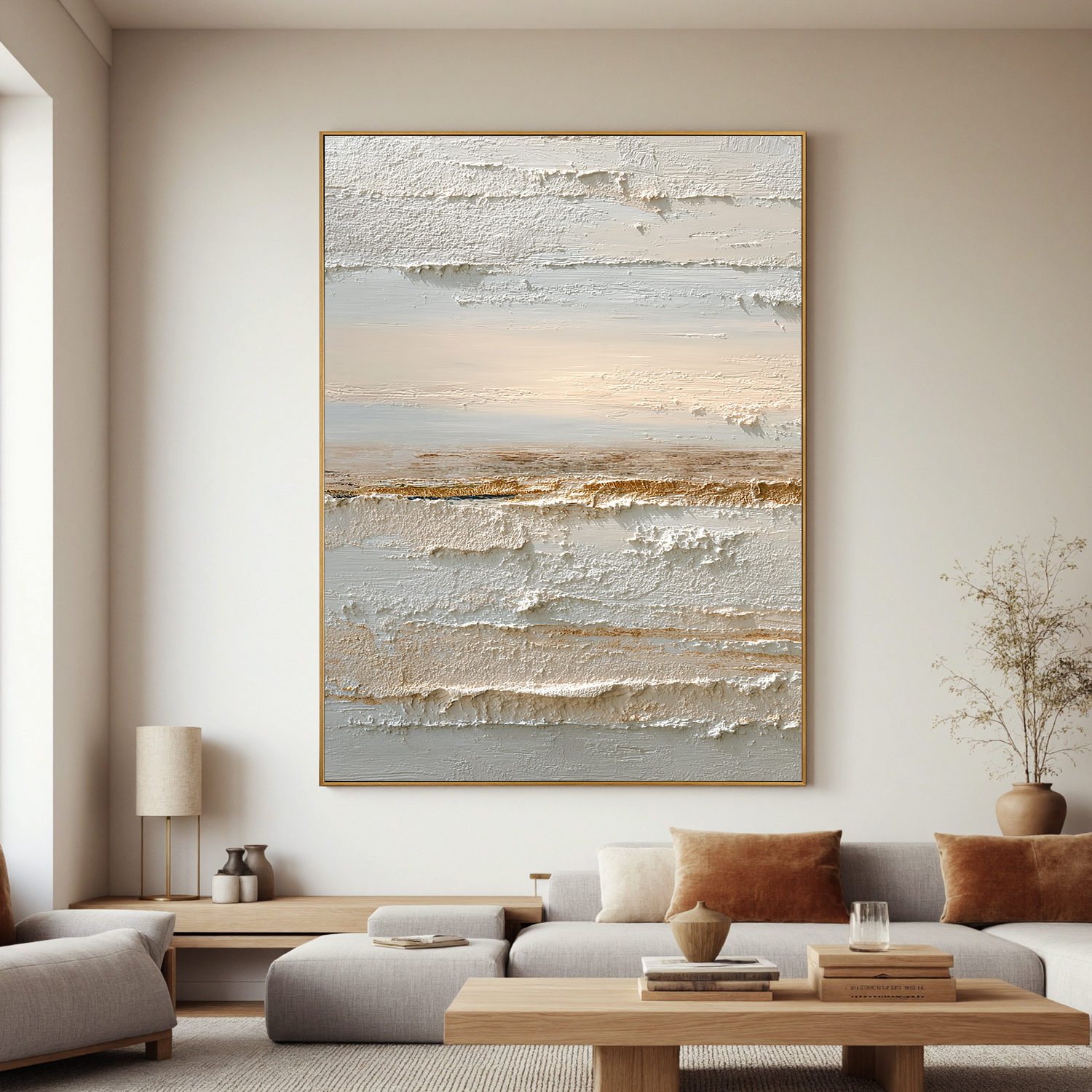 Neutral Abstract Landscape Canvas Wall Art – Textured Cream and Beige Painting for Minimalist Living Room Decor#OA 0857