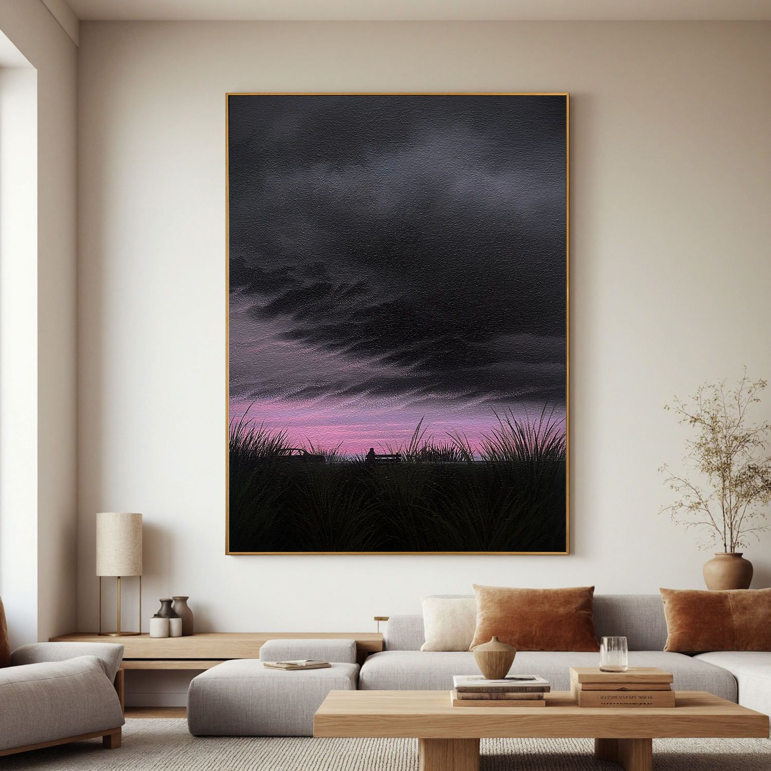 Moody Sunset Landscape Wall Art with Lone Figure on Bench, Dramatic Cloud Sky Canvas for Living Room Decor #OA 0743